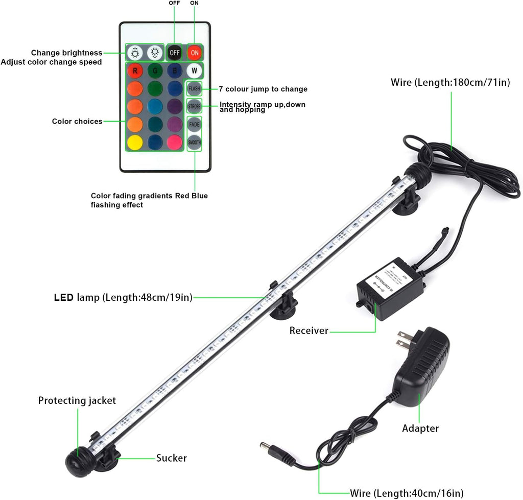 Fish Tank Lights, LED Underwater Aquarium Light, RGB Submersible Aquarium Lights, Waterproof Color Changing Tank Lights Dim Adjustable Remote Control 19 inch
