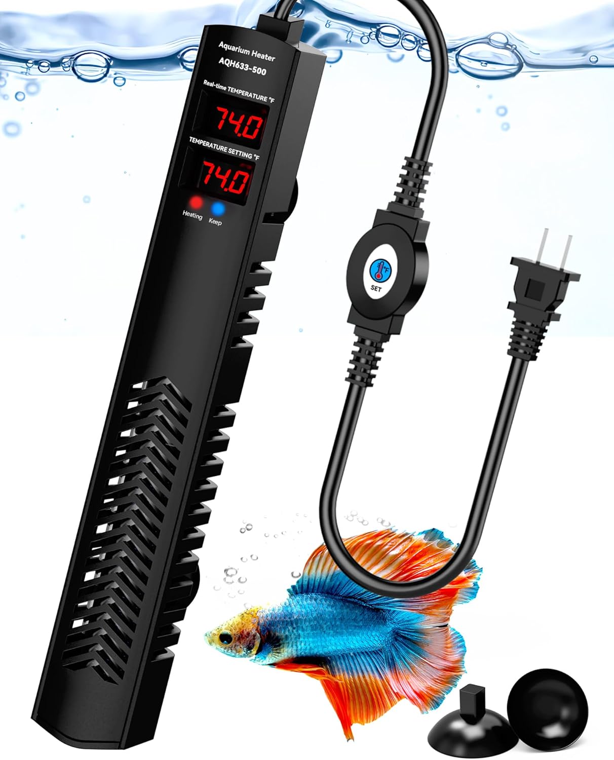 AHJ Aquarium Heater for 75 100 120 Gallon, 500W Submersible Fish Tank Water Heater with Accurate Temperature Control, Over-Temp Protect, Auto Shut-Off, Quick Heat up for Saltwater & Freshwater