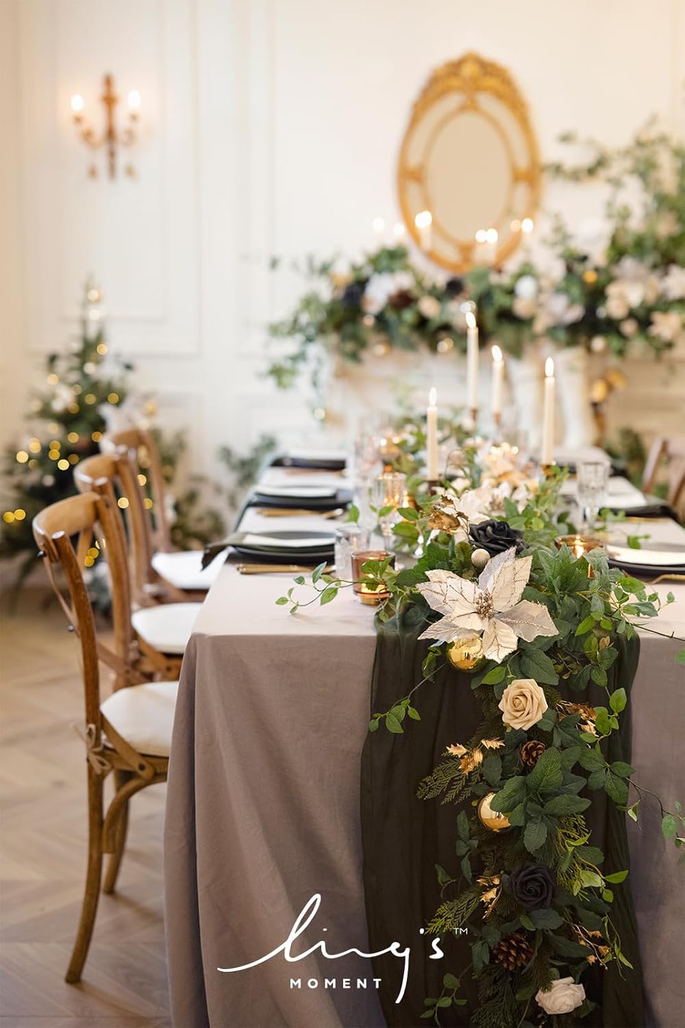 Ling's Moment 10Ft x 35" Wide Moss Green Gauze Semi-Sheer Table Runner Cheesecloth Tablecloth for Wedding Party Bridal Shower Boho Table Decor
