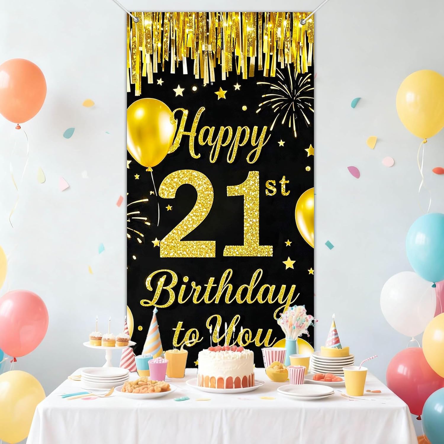 IVN 21st Birthday Door Cover 71x35 Inch Black Gold Birthday Banner for Party Decorations Balloons Stars Fireworks Backdrop Sign for Men Women Photo Booth Prop Wall Decor