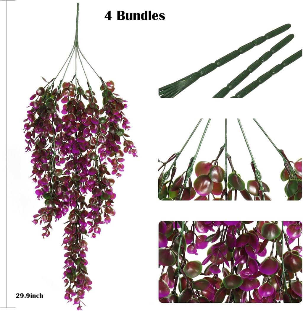 RECUTMS Artificial Hanging Plants Outdoors Faux Greenery Realistic Outdoor Porch Ferns,4 Pcs (Fuchsia)