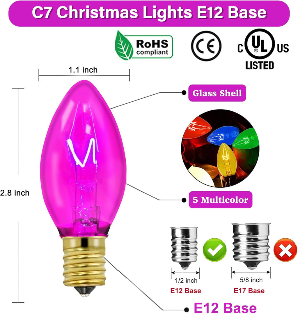 Couah C7 String Lights-25Ft Clear Vintage Multicolor Lights with 27 Colorful Incandescent Bulbs (2 Spare), Outdoor String Lights for Christmas Party Backyard Wedding- Green Wire, ULP(7)-LR(25)(5W)