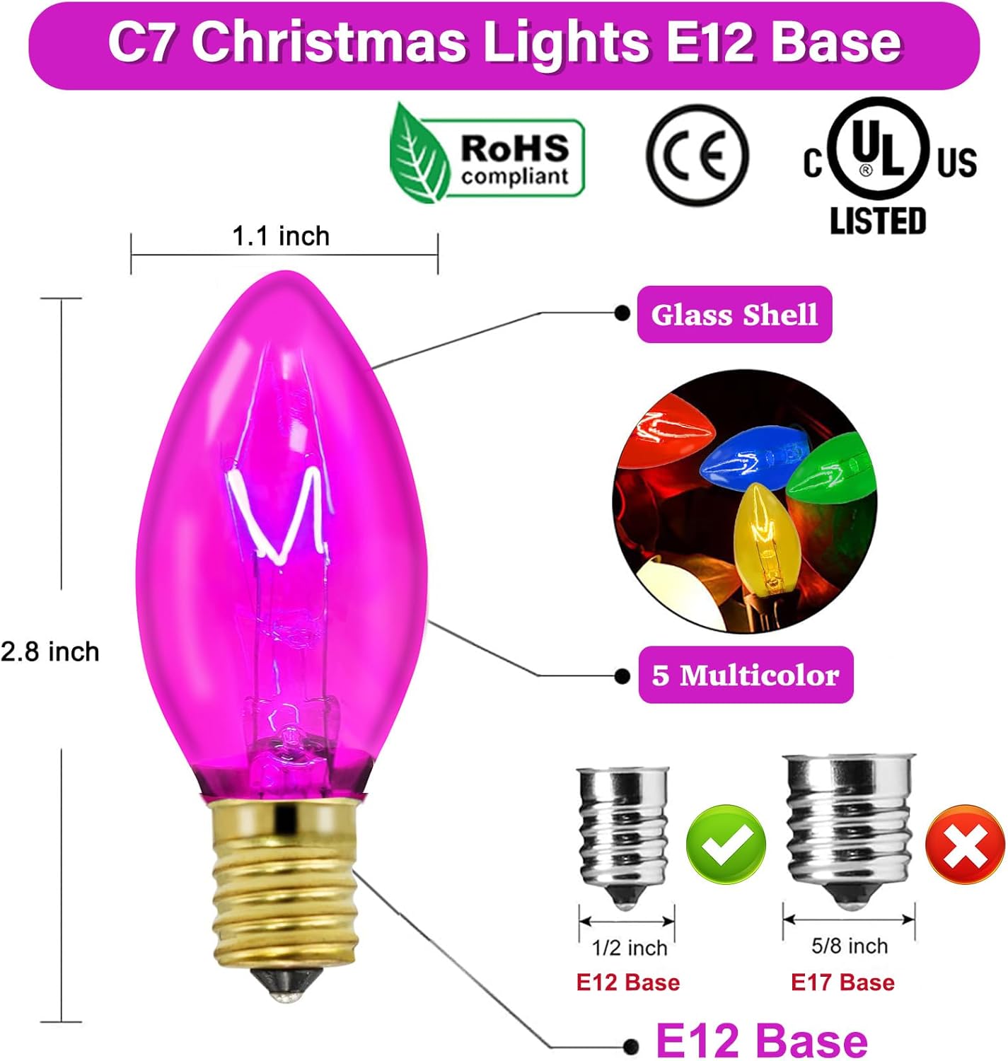 Couah C7 String Lights-25Ft Clear Vintage Multicolor Lights with 27 Colorful Incandescent Bulbs (2 Spare), Outdoor String Lights for Christmas Party Backyard Wedding- Green Wire, ULP(7)-LR(25)(5W)