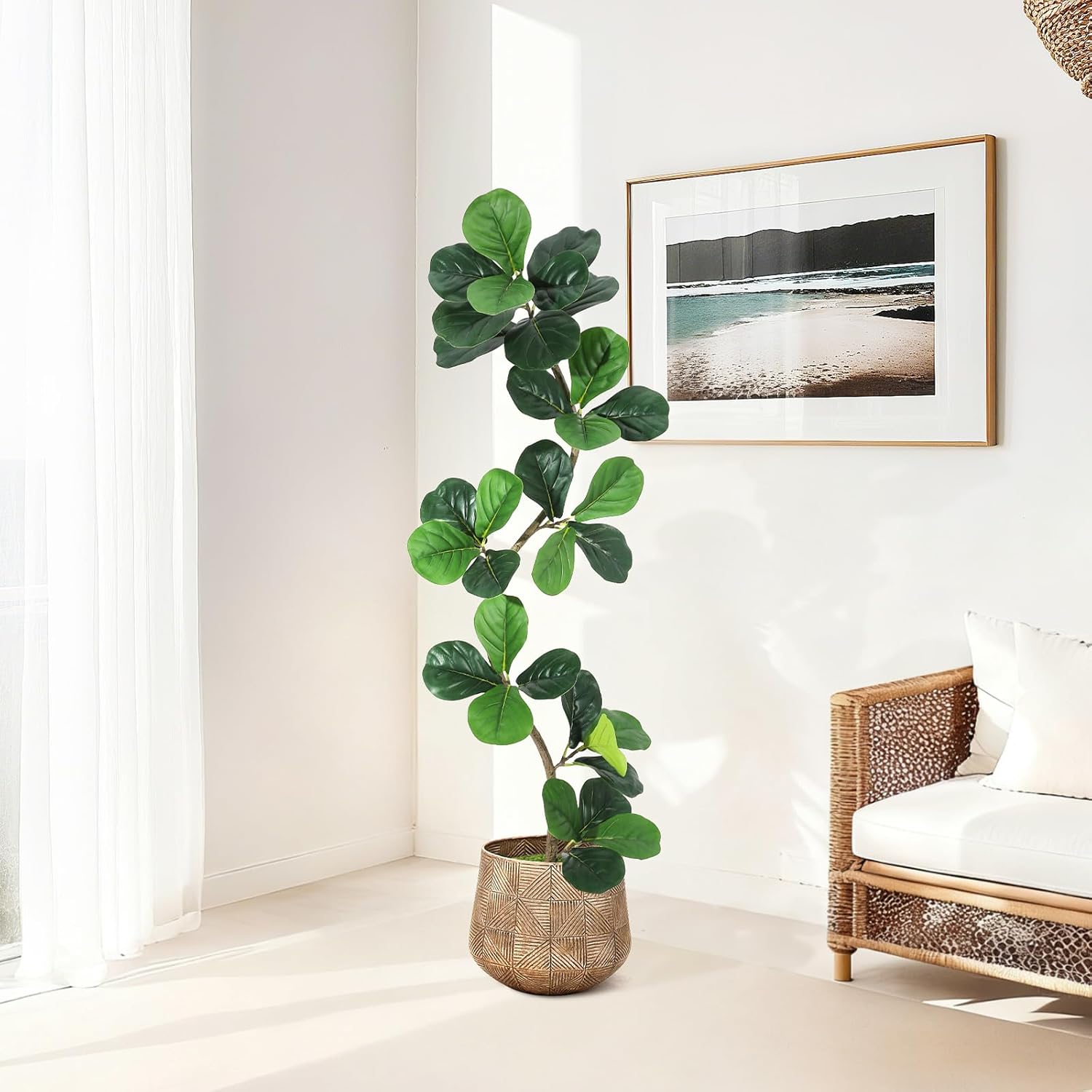GarveeHome Fiddle Leaf Fig Artificial Tree with White Planter,5 ft Faux Plants Indoor with Moss, Fake Rubber Tall Fake Floor Plant in Pot - Artificial Trees for Home Office Living Room Decor
