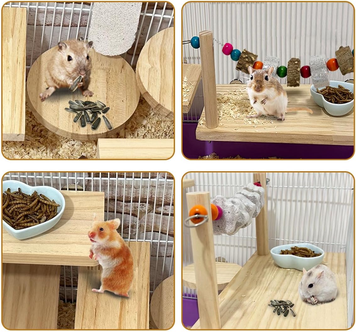 7 Pcs Chinchilla Ledges Wood Sets, Hamster Wooden Stand Platform with Lava Ledge Blocks Chew Toys Small Animal Cage Accessories for Rat Gerbil Guinea Pig Parrot Chipmunk Squirrel Mouse