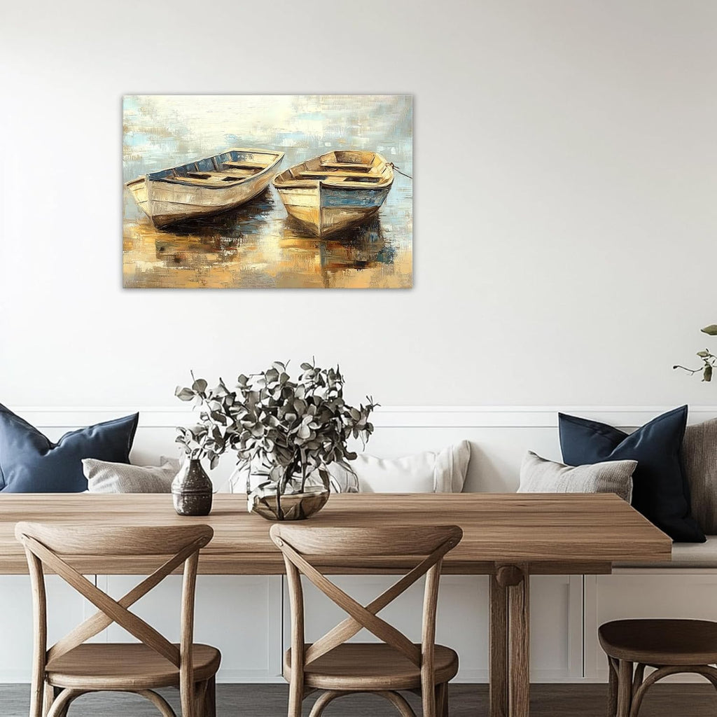 GLOKAKA Rustic Beach Boat Canvas Wall Art Retro Ship Poster Coastal Landscape Painting Prints Abstract Ocean Theme Artwork for Bathroom Bedroom Farmhouse