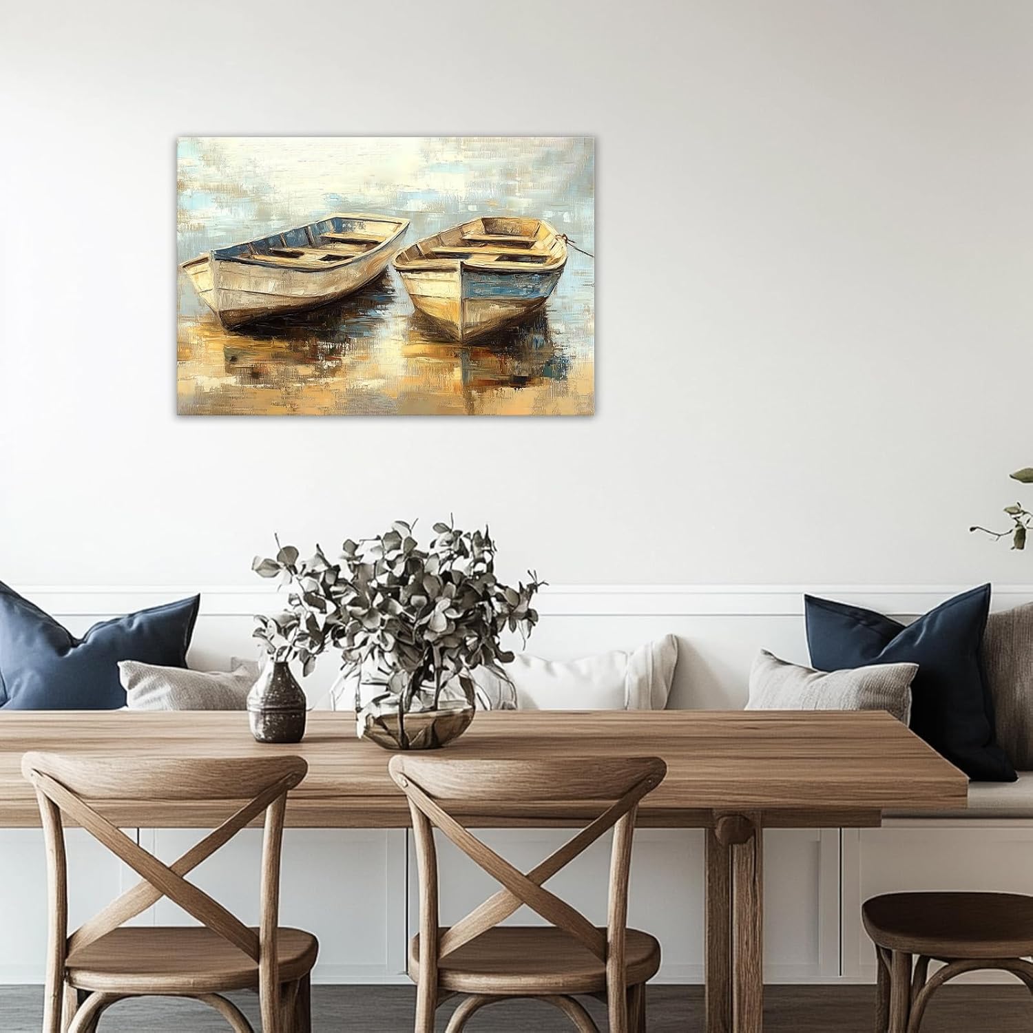 GLOKAKA Rustic Beach Boat Canvas Wall Art Retro Ship Poster Coastal Landscape Painting Prints Abstract Ocean Theme Artwork for Bathroom Bedroom Farmhouse