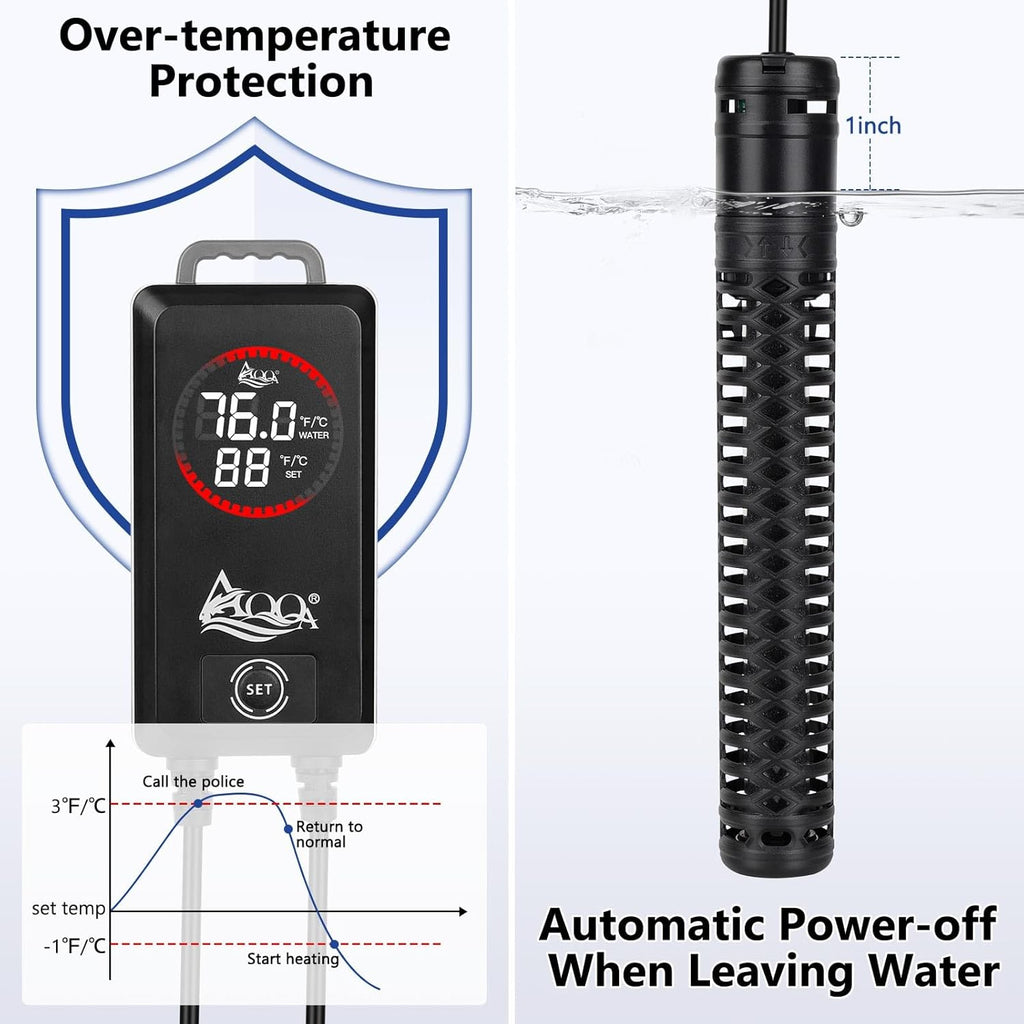 AQQA 500W Aquarium Heater, Fish Tank Heater with Digital Thermostat, Over-Temperature and Dry-Run Protection, for 75-90 Gallon Freshwater, Saltwater, Turtle Betta Fish Tank Aquarium