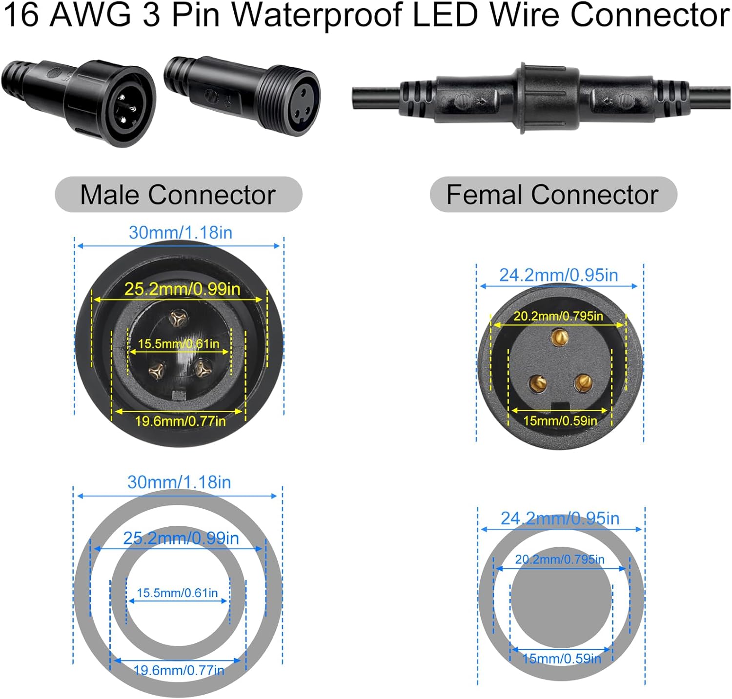 MAD OWL 3-Pin Waterproof LED Wire Connector Kit, 16 AWG 11inch/28cm Male Female Connectors with Tin Plated Joint for Various Waterproof Wires DIY (4 Set Black)