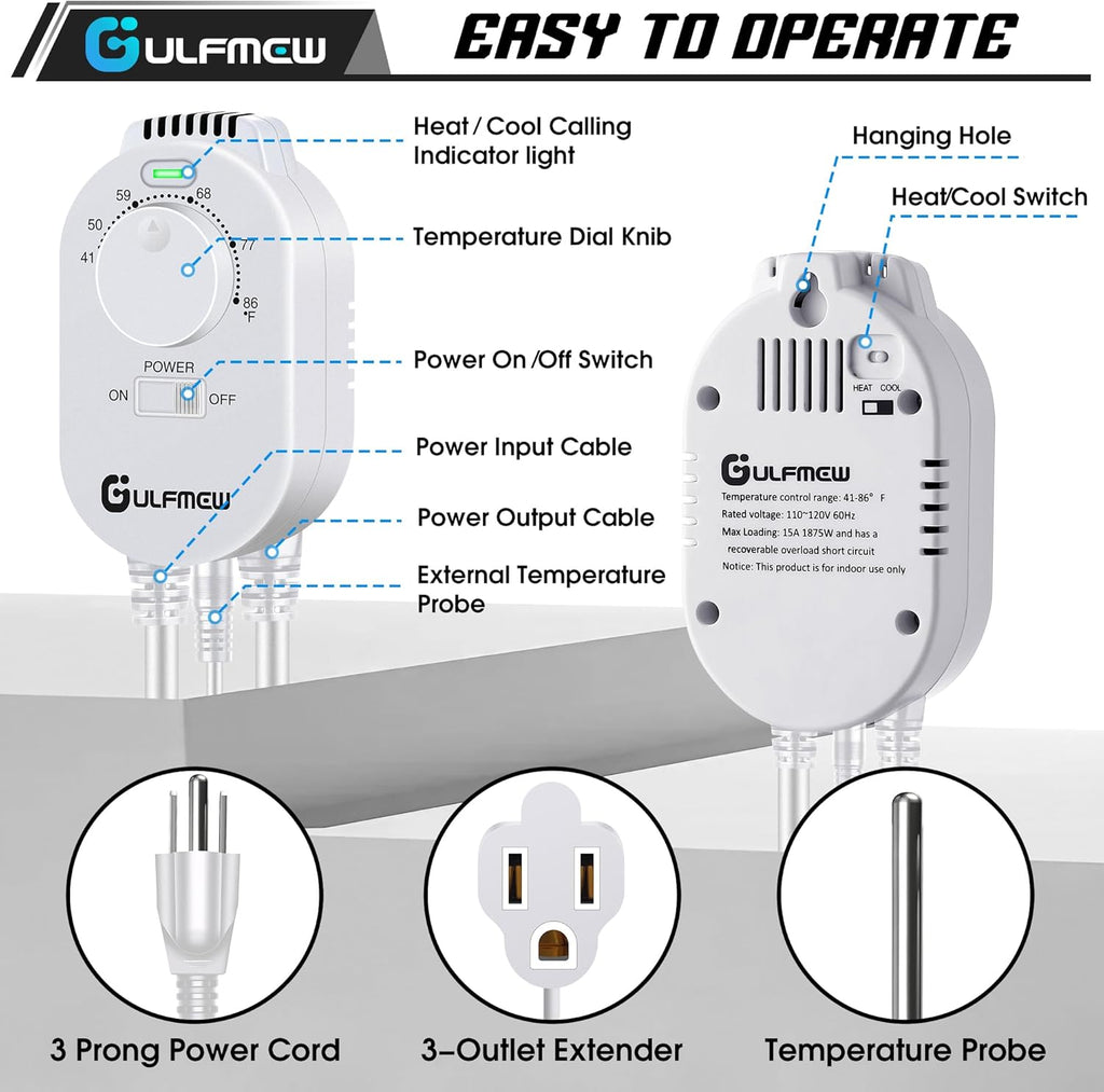 2 Pcs Thermostat Outlet for Heater, Temperature Controller Outlet with 4.9FT Power Cord, Heating and Cooling Thermostat Outlet with Temperature Probe for Space Heater, Greenhouse Fan (White)