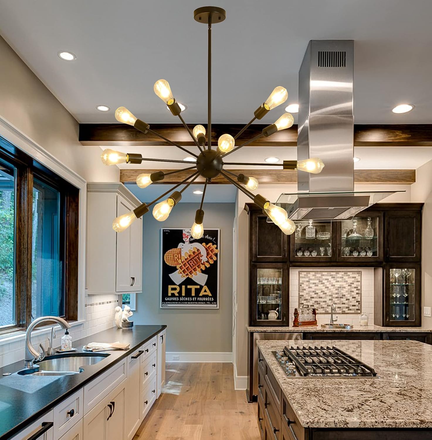 Mid-Century Sputnik Chandeliers 15-Lights, Modern Semi Flush Mount Ceiling Light Fixture Industrial Retro Hanging Lamps for Kitchen Living Room Dining Bedroom Corridor, Black（Bulb Not Included）