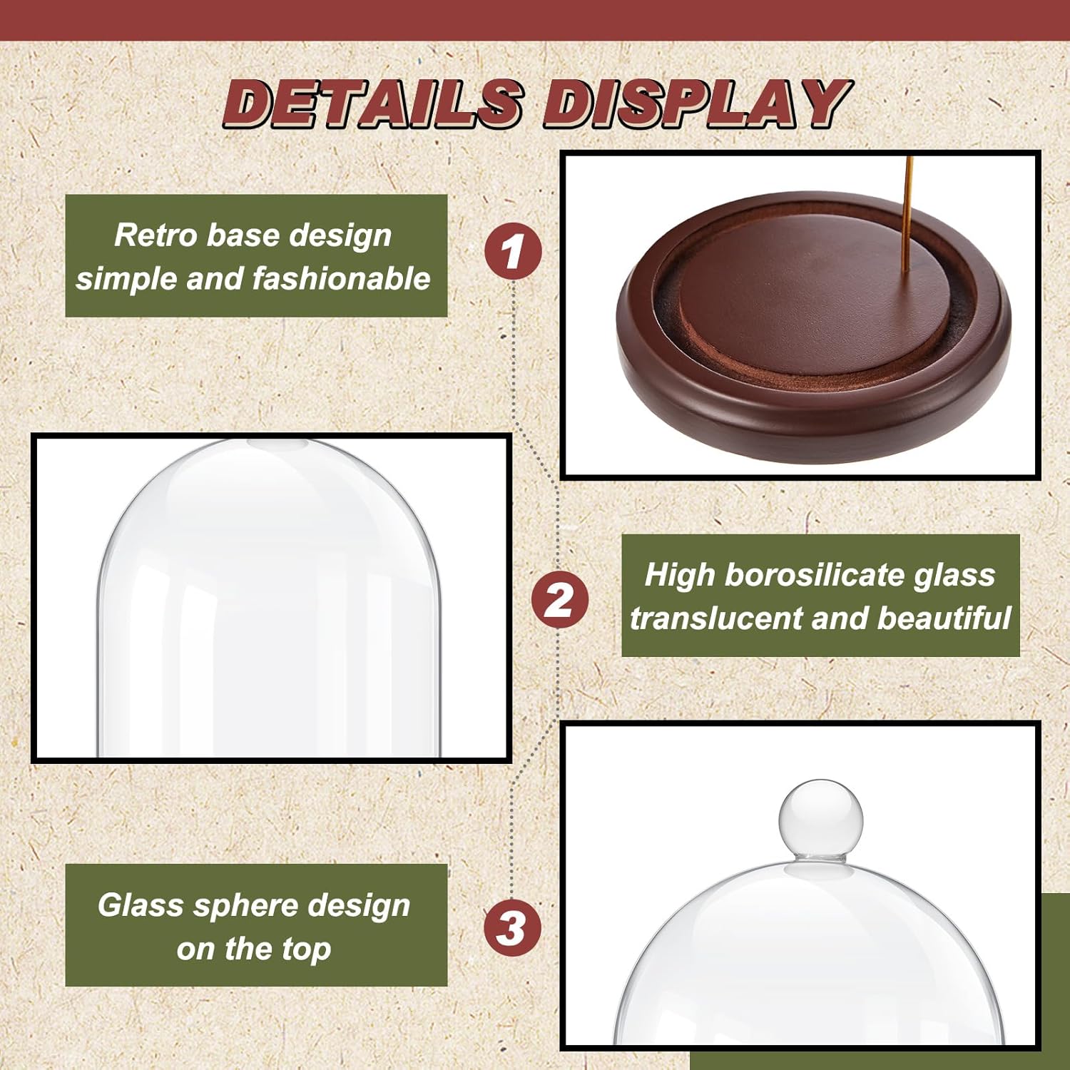 2 Pcs Pocket Watch Glass Display with Hooks Dome Cloche with Wood Base Decorative Dome Showcase for Watch Plants Medals Photos Collectibles Dark MDF Base