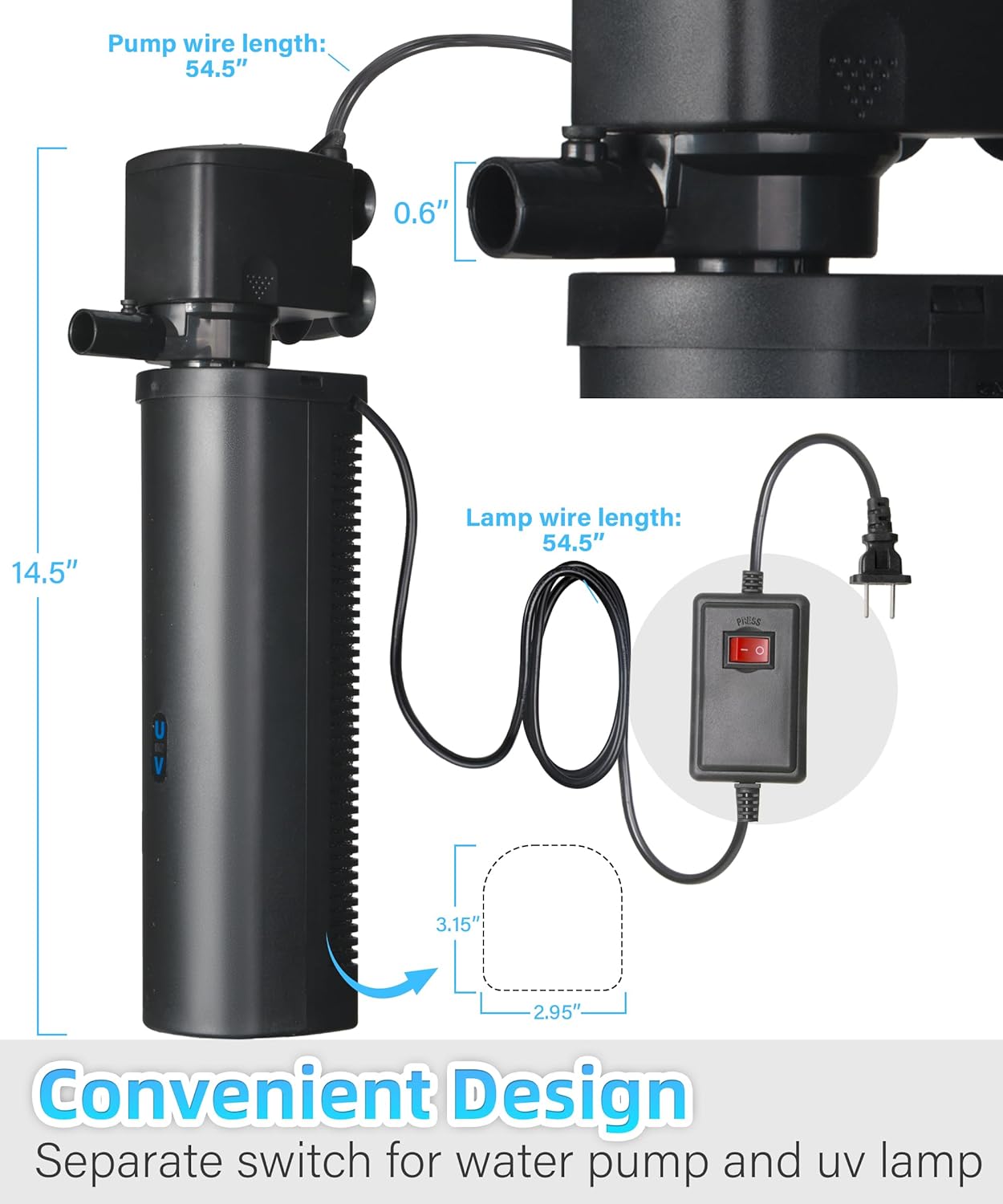 Aquarium Filter U-Very Suitable for 75-300 Gallon Tank, 500GPH Fish Tank Filters for Green Control, Internal Submersible Pump for Turtle Tank, Small Pond, Pool Filter, Cold Plunge Ice Bath Hot Tub