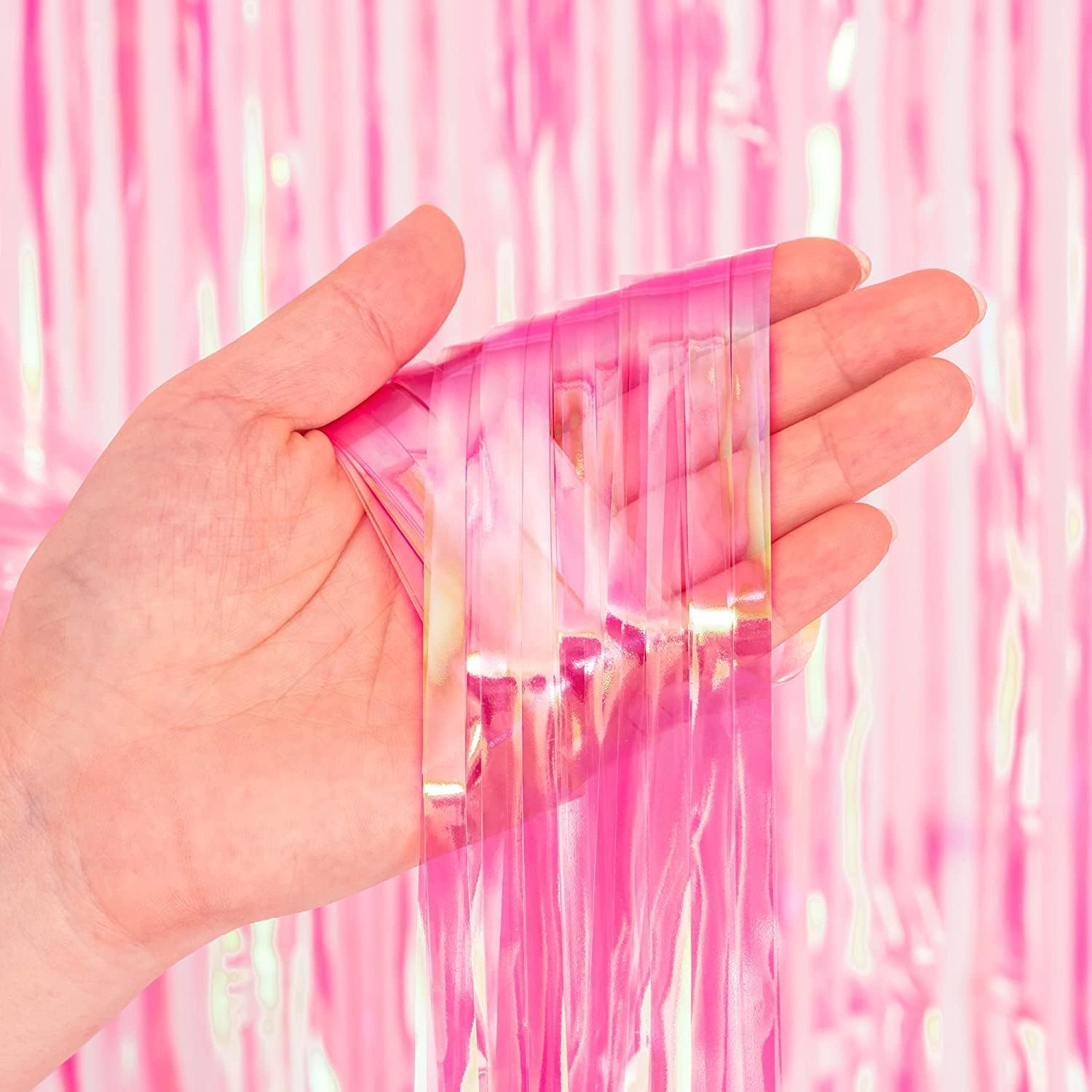 BRAVESHINE Clear Pink Streamers Party Decorations Iridescent Foil Fringe Backdrop - 2 Pack 3.2 x 6.5 ft Holographic Tinsel Curtain Party Photo Backdrop for Valentine’s Girl Birthdays Engagement Decor