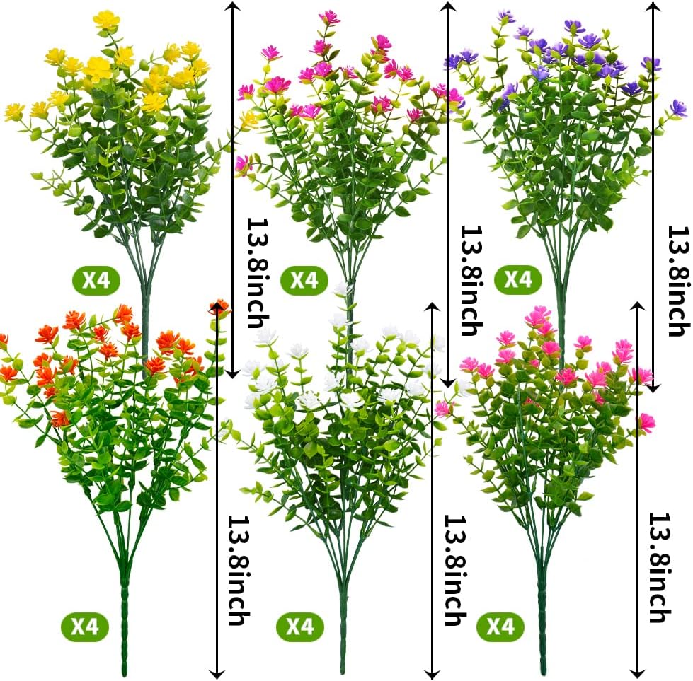 24 Bundles Outdoor Artificial Flowers UV Resistant Fake Boxwood Plants, Faux Greenery for Indoor Outside Hanging Plants Garden Porch Window Box Home Wedding Farmhouse Décor (Mix Color)