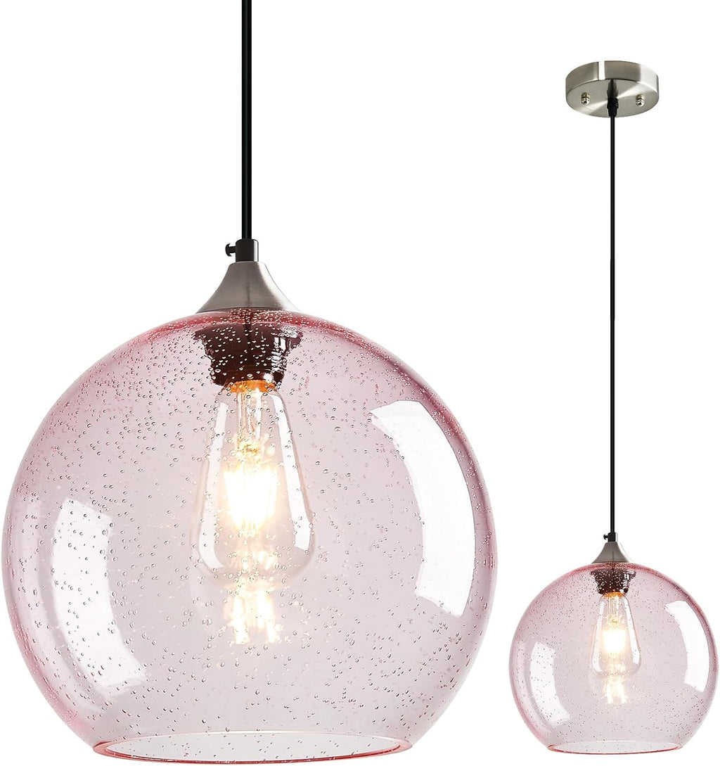 Pink Glass Pendant Lights Kitchen Island Globe Pendant Light Fixtures Modern Pendant Lighting for Bedroom Living Dining Room Light Fixture (9.84 in, 1 Pack)