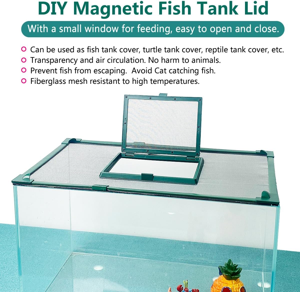 Magnetic Fish Tank Cover with Feeding Window Green Frame Grey Fiberglass Mesh, DIY Magnetic Fish Tank Lid 39"x19"(100x50CM), Preventing Fish from Jumping Out The Size can be Adjusted Smaller