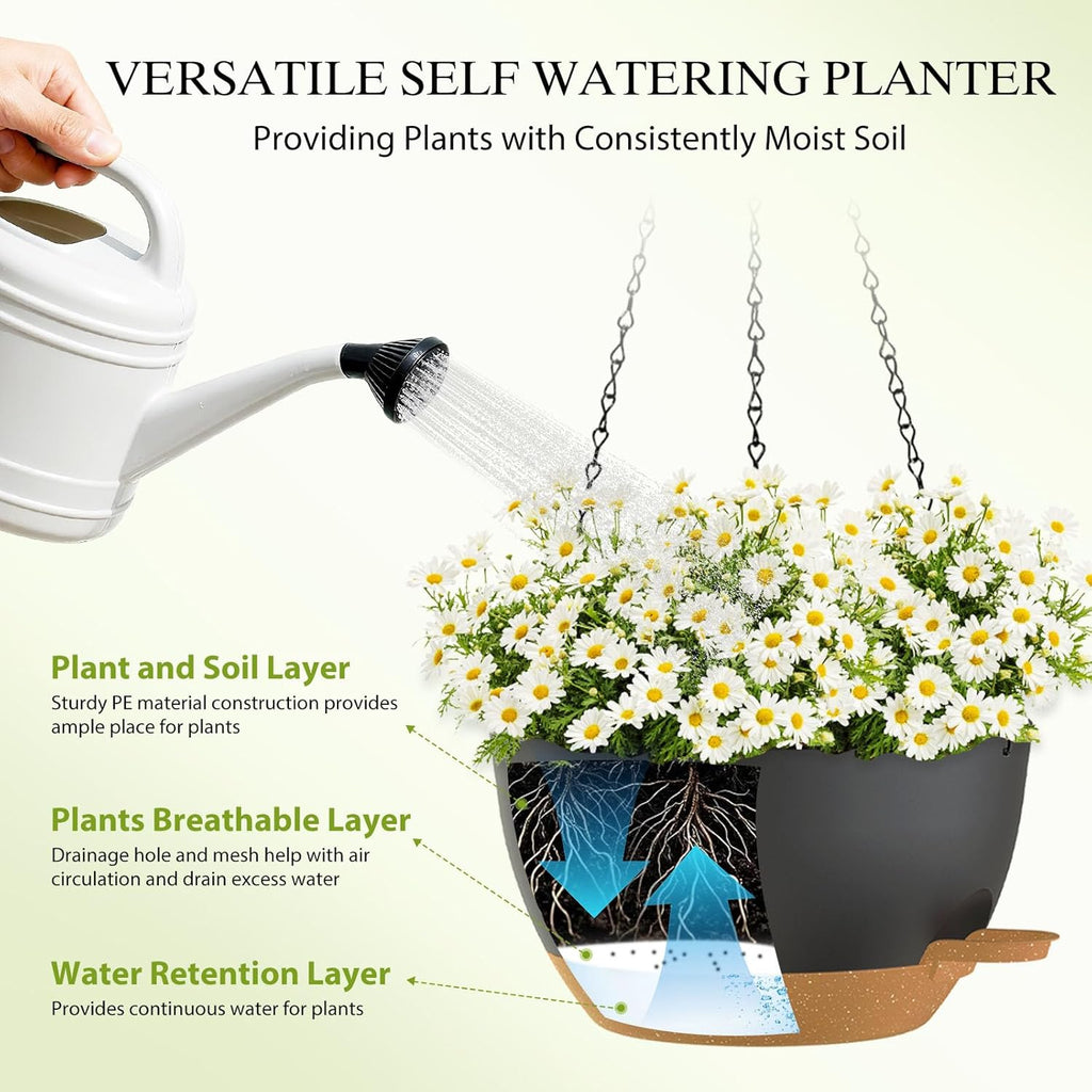 10 Inch Hanging Baskets 2 PC with Chains, Self-Watering Hanging Planters for Indoor Outdoor Plants, Plastic Hanging Flower Pots,Black Brown