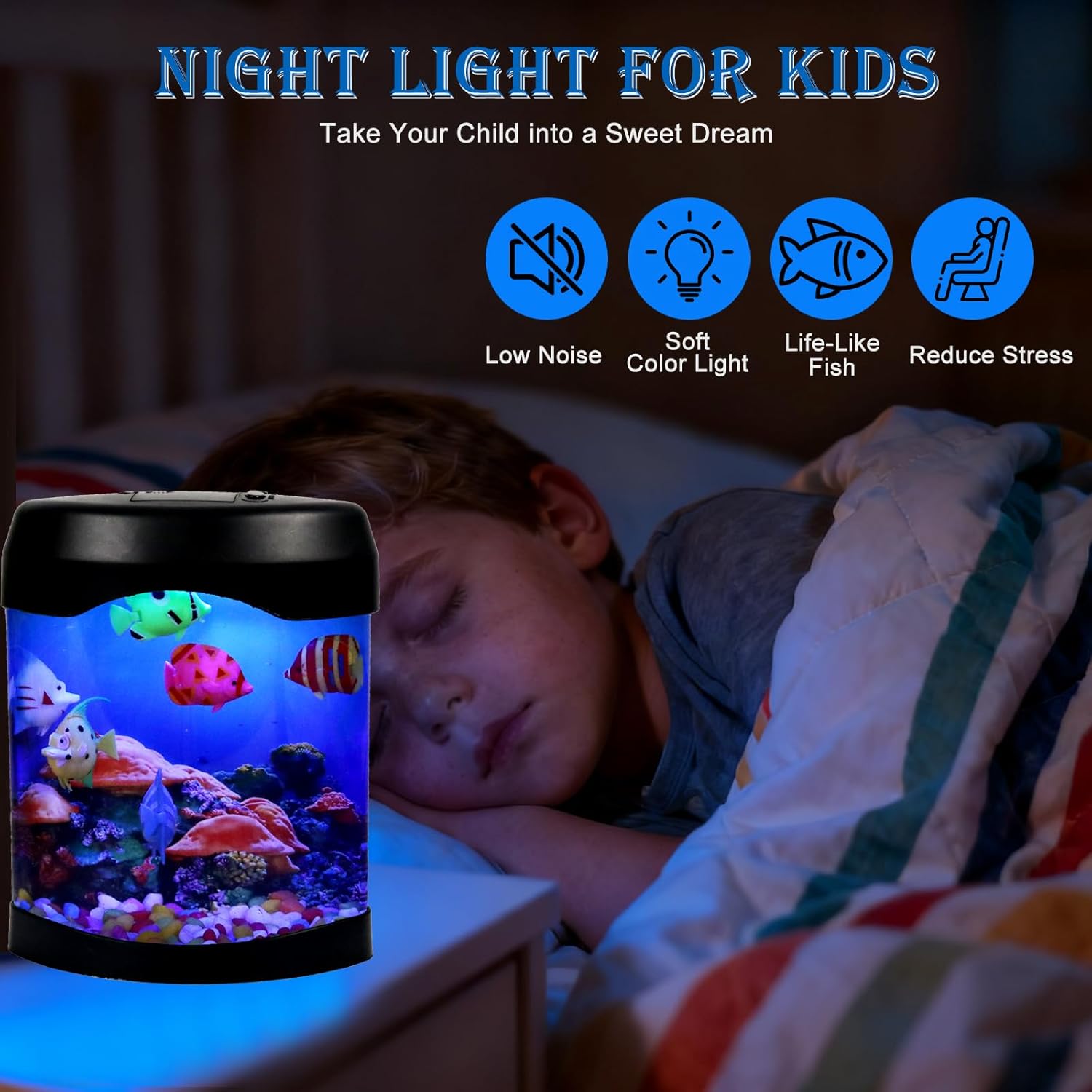 Glowing Fish Lamp Aquarium with 6 Color-Changing LED, 6 Moving Fake Fish & Realistic Ocean Scene - USB Powered Night Light for Bedroom, Office Decor, Relaxation Ideal Gift with Auto Shut-Off