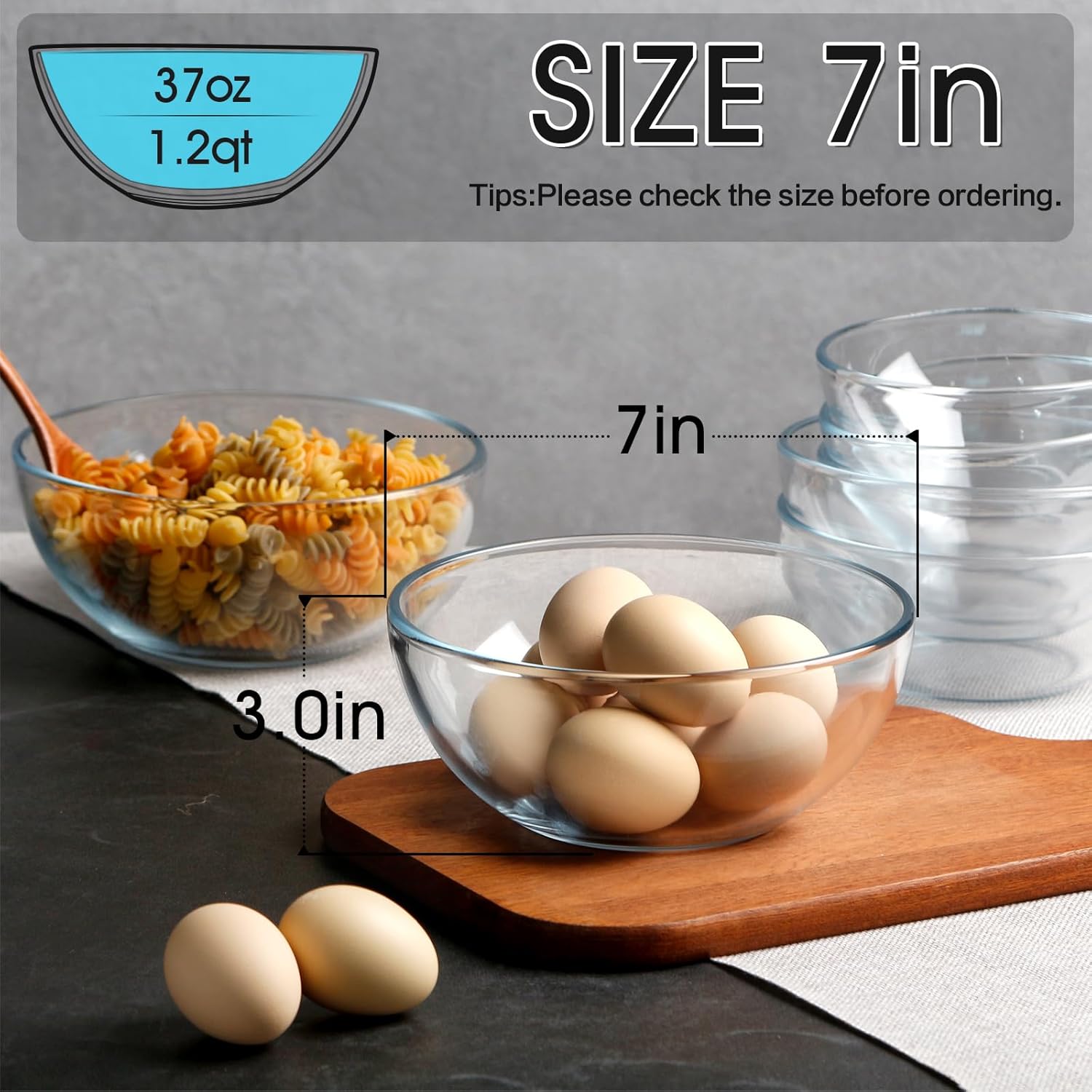 NUTRIUPS 7 Inch Medium Glass Prep Bowls, 37oz Glass Bowl Set, Clear Tempered Glass Salad Bowls for Kitchen Microwave and Oven Safe