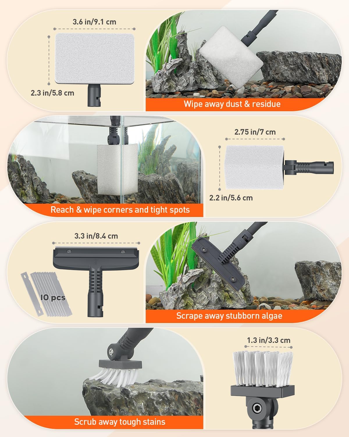 Pawfly Aquarium Cleaning Tools, 7 in 1 Fish Tank Cleaning Kit, Algae Scraper, Sponge Scrubber Pad, Brush, Gravel Rake & Fish Net with Adjustable Long Handle, Fish Tank Cleaner Set