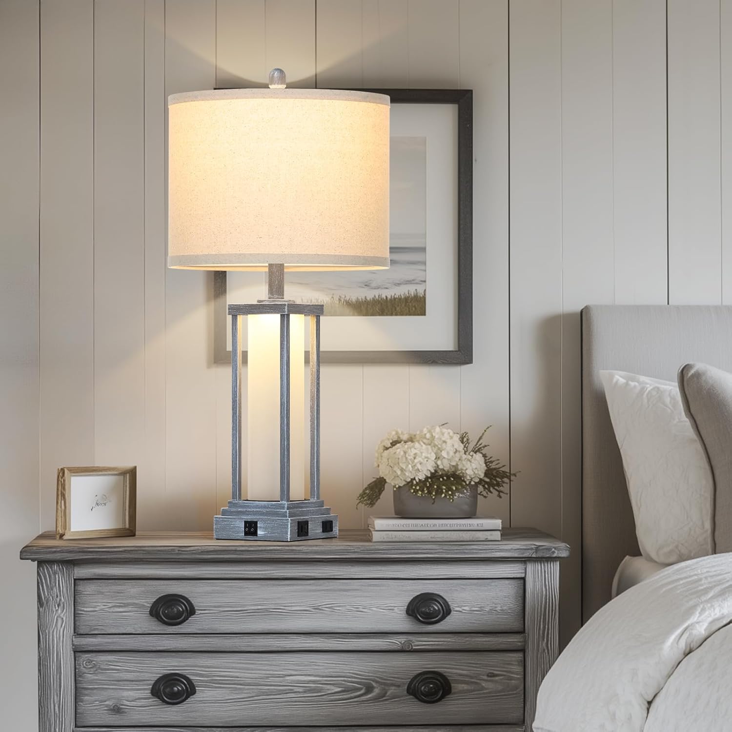 27" Tall Vintage Table Lamp Set of 2 with USB C+A & Outlet,Gray Nightstand Lamp for Living Room,Retro Bedside Lamps with Frosted Glass Night Light for Bedroom Entryway,Grey