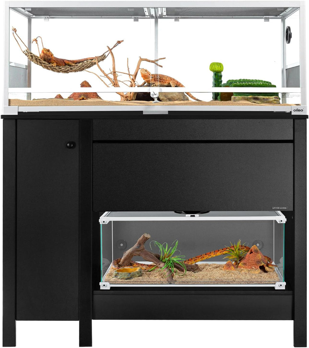OIIBO Reptile Terrarium Stand Wooden Aquarium Stand with Cabinet for 48”Wx18”D Premium Black Reptile Terrarium Table with Retractable Flap