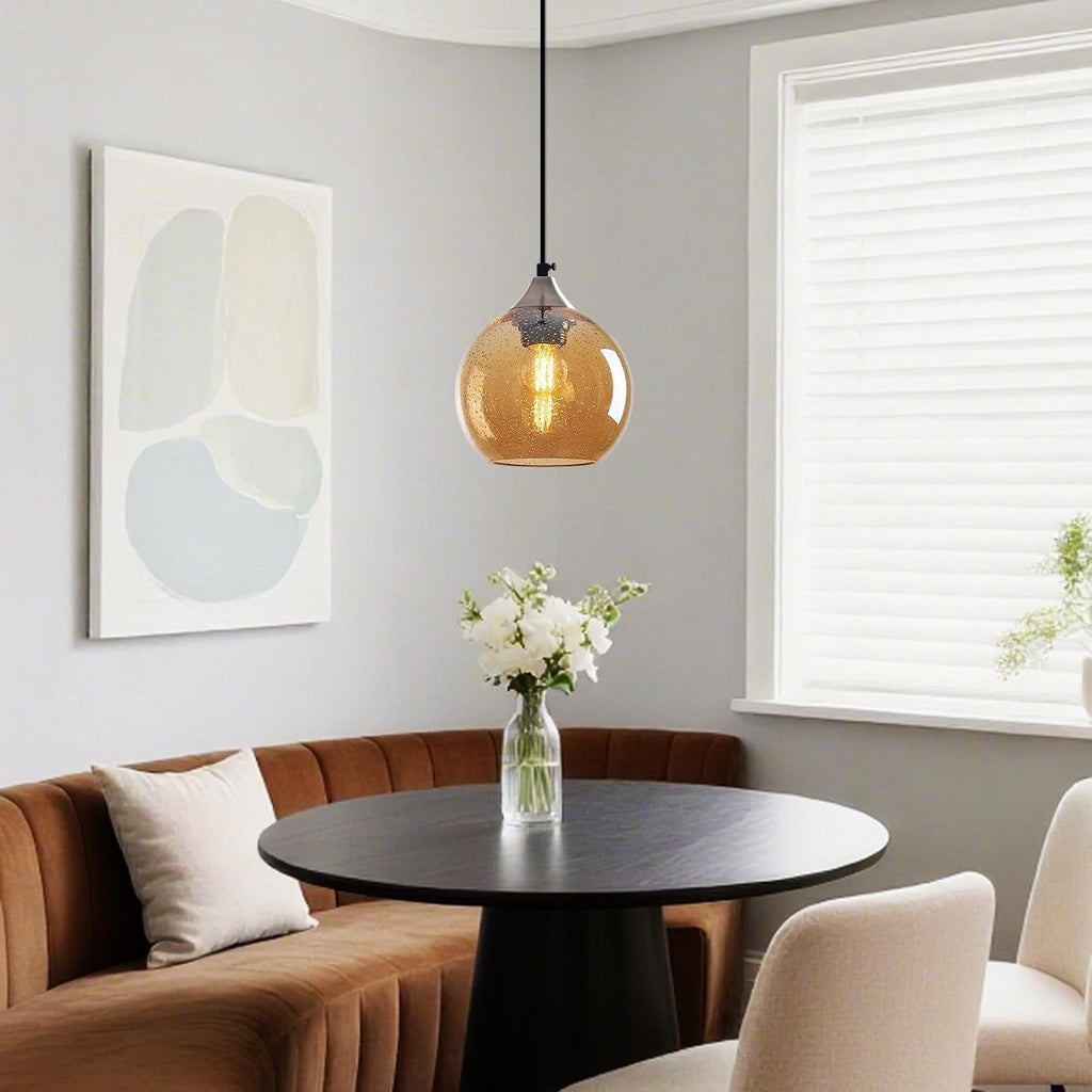 Amber Glass Pendant Lights Kitchen Island Globe Pendant Light Fixtures Modern Pendant Lighting for Bedroom Living Dining Room Light Fixture (5.9 in, 2 Pack)