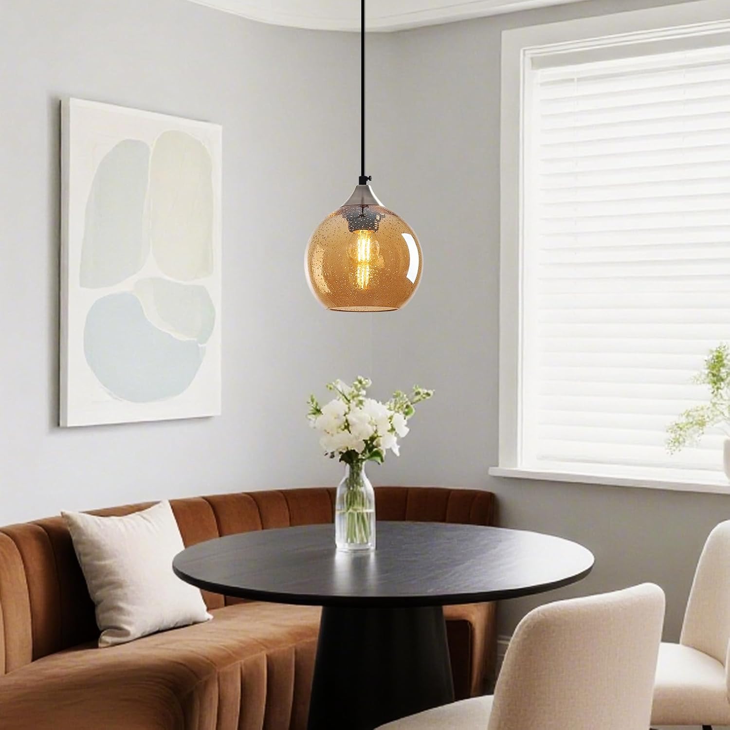 Amber Glass Pendant Lights Kitchen Island Globe Pendant Light Fixtures Modern Pendant Lighting for Bedroom Living Dining Room Light Fixture (5.9 in, 2 Pack)
