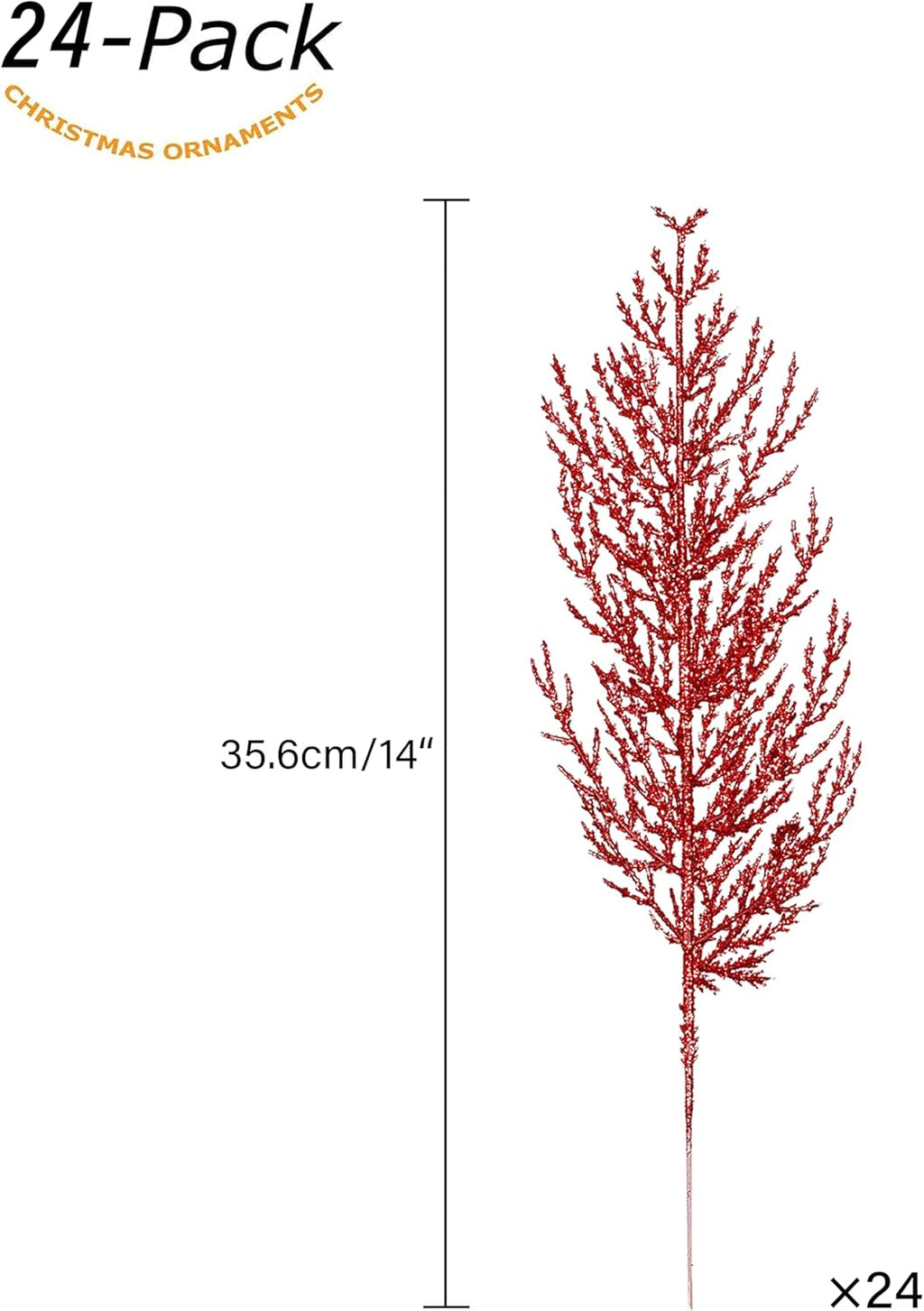 Christmas Glitter Twigs 24pcs Artificial Pine Tree Picks for Christmas Tree Ornaments fillers, DIY Xmas Wreath, Crafts, Garland, Holiday, Party, Wedding and Home Decoration (Red)