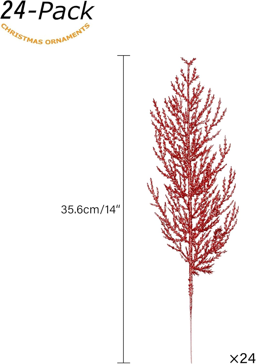 Christmas Glitter Twigs 24pcs Artificial Pine Tree Picks for Christmas Tree Ornaments fillers, DIY Xmas Wreath, Crafts, Garland, Holiday, Party, Wedding and Home Decoration (Red)