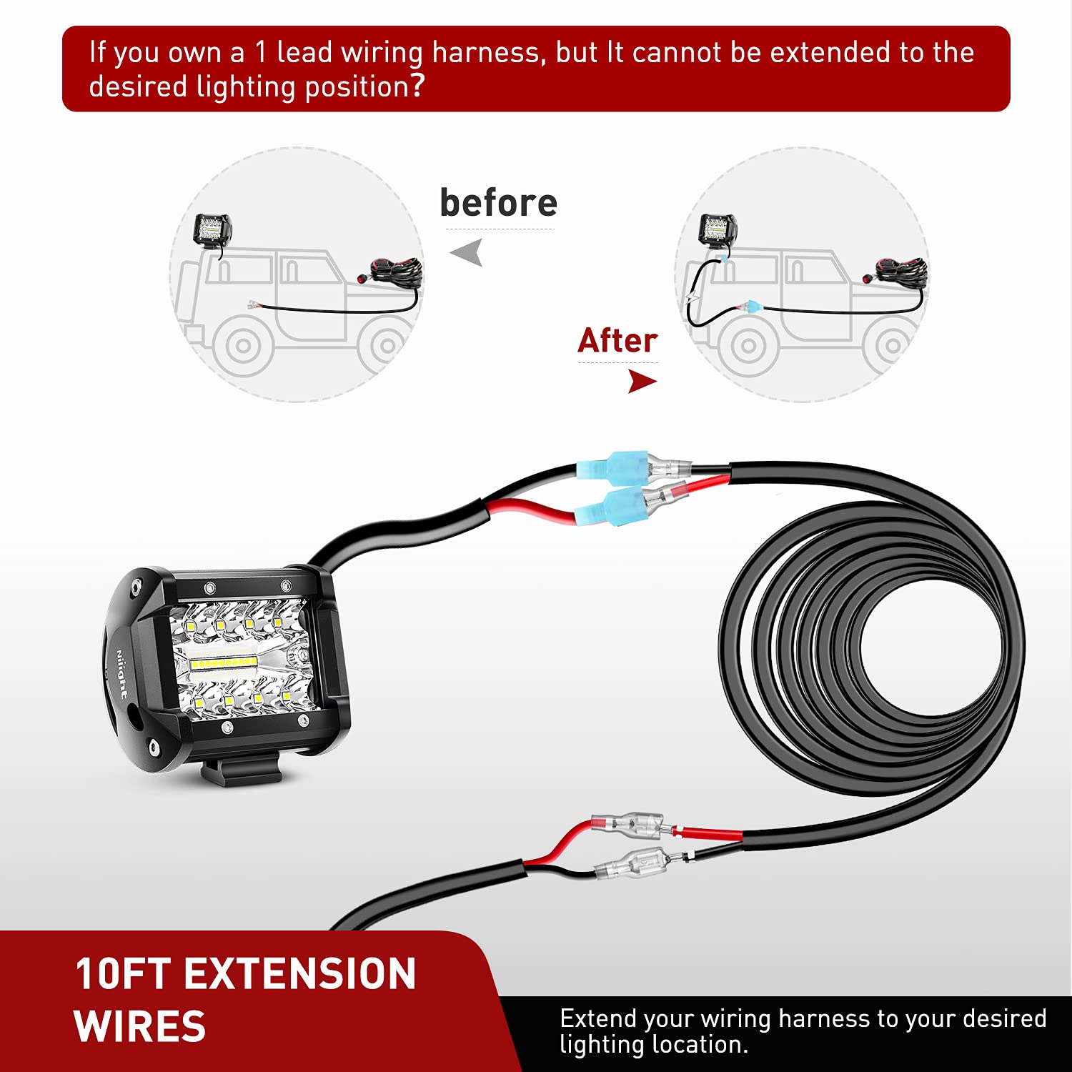 Nilight 16AWG 10Feet Wiring Harness Extension for 6Modes Amber White Light Bar Strobe Play and Plug 3-Wires, 2 Years Warranty, Black, 2PCS