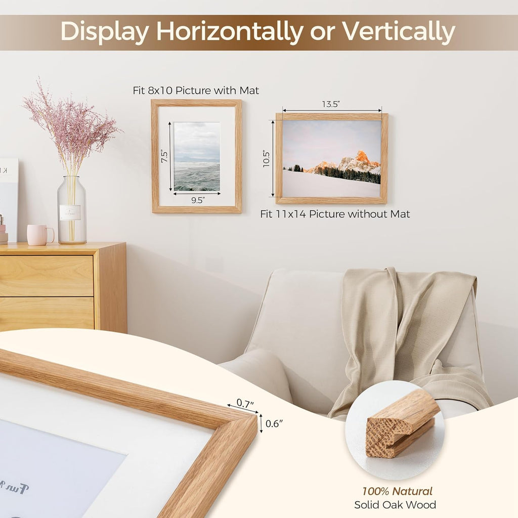 Fun Memories 11x14 Oak Picture Frame for Wall, 11x14 Frame with Matted to 8x10, Solid Wood Picture Frames for Wall Art Photo and Prints (Beige, 3 Pack)