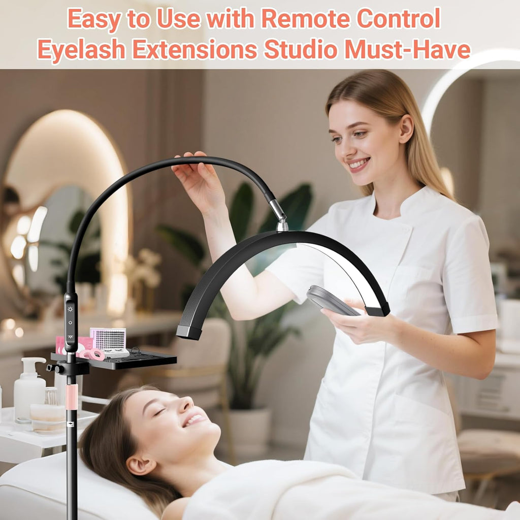 LIONVISON Half Moon Lash Light: 6500K LED Lamp Ring Light with Tray - 360° Flexible Gooseneck Durable Metal Stand - Salon Use for Lash Artists Eyelash Extensions (23In Black)
