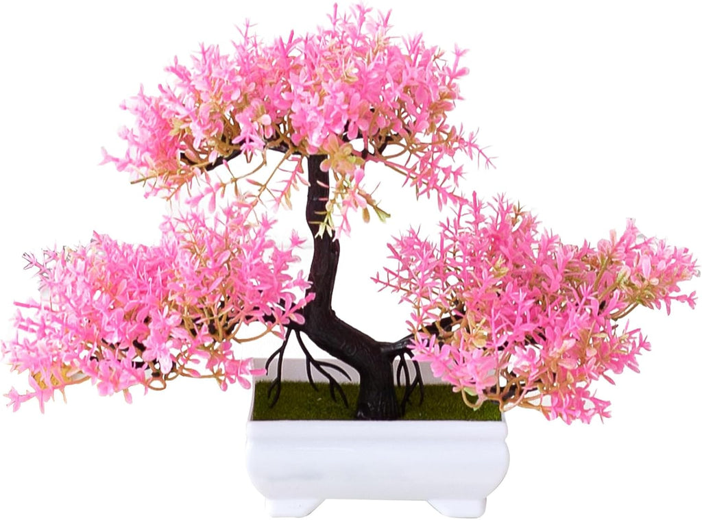 Mini Artificial Bonsai Tree Plants Artificial Plant Welcome Pine Tree with Plastic Cement Pots for Home Office Décor (Pink)