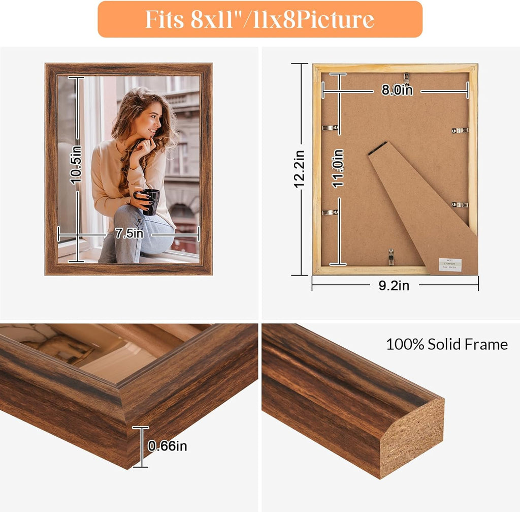 8x11 Wood Frame Brown, Natural Wooden 11x8in Picture Frames, Modern Golden 8 x 11inch Gallery Photo Pic Frame with HD Plexiglass, Horizontal Vertical Wall Mounting Tabletop Display 1Pcs