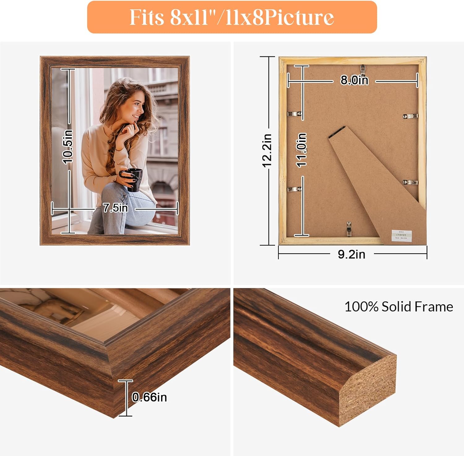 8x11 Wood Frame Brown, Natural Wooden 11x8in Picture Frames, Modern Golden 8 x 11inch Gallery Photo Pic Frame with HD Plexiglass, Horizontal Vertical Wall Mounting Tabletop Display 1Pcs