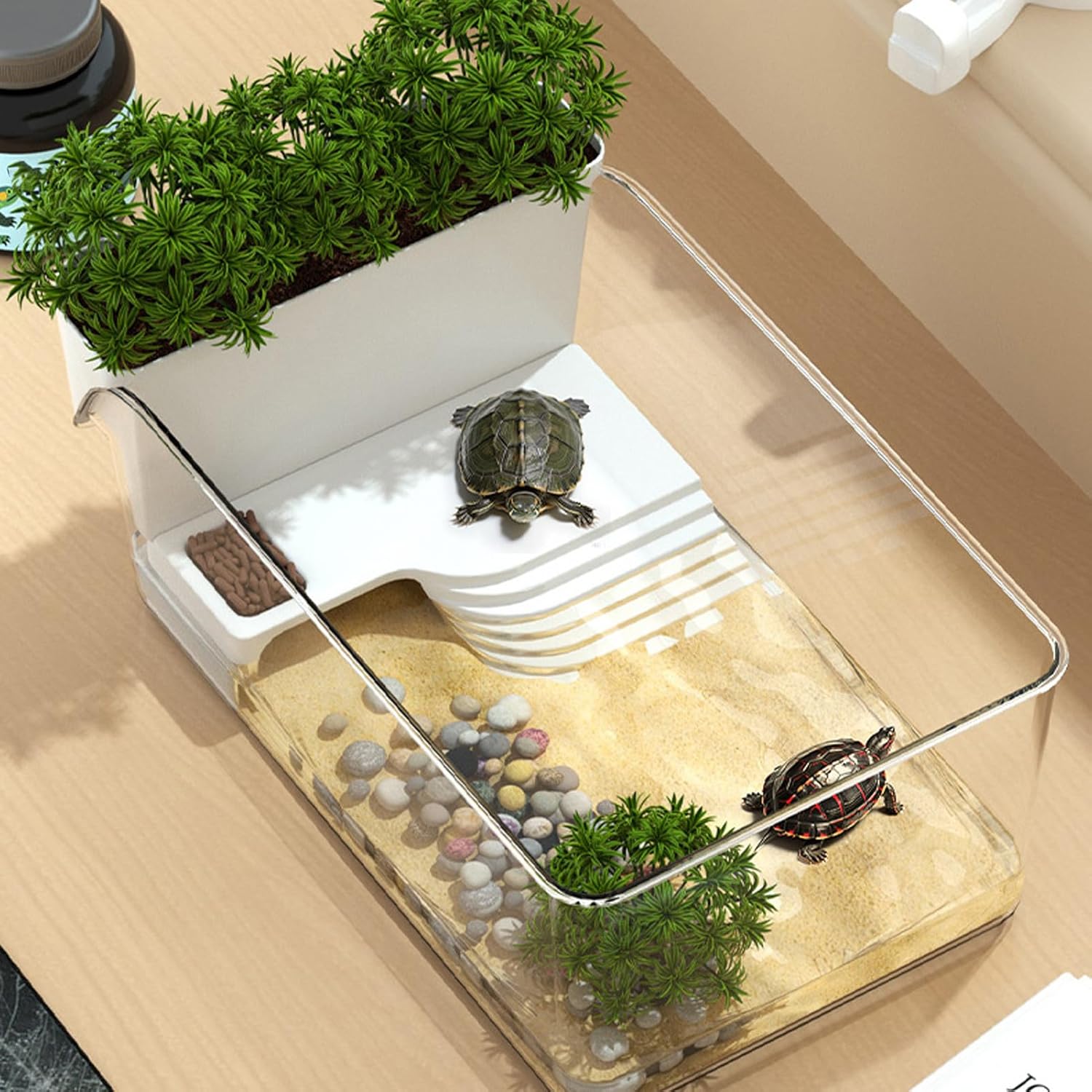 Turtle Tank, Transparent Turtle Terrarium, Decorative Habitat for Small Tortoise Crab Terrapin, Feeding & Basking Setup for Nature Educators, Pet Adoption Prep, Aquarium Display for Home