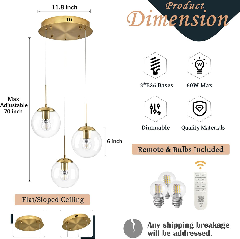 KoKo&Yukina 3-Light Globe Glass Pendant Light Modern Gold Clear Globe Glass Chandelier Adjustable Length Pendant Lights Fixtures High Ceiling Light for Kitchen Island Foyer (Bulb & Remote Incl.)
