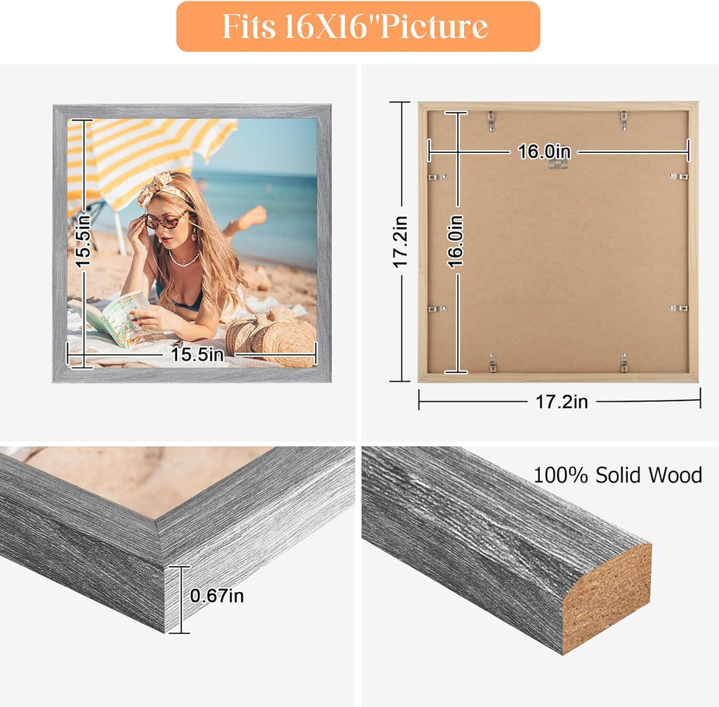 16x16 Wood Frame Gray, Rustic Natural Grey Wooden 16x16in Poster Picture Frame, Distressed 16 x 16inch Woodgrain Gallery Photo Frame with HD Plexiglass, Horizontal Vertical Wall Mounting Display 1pcs