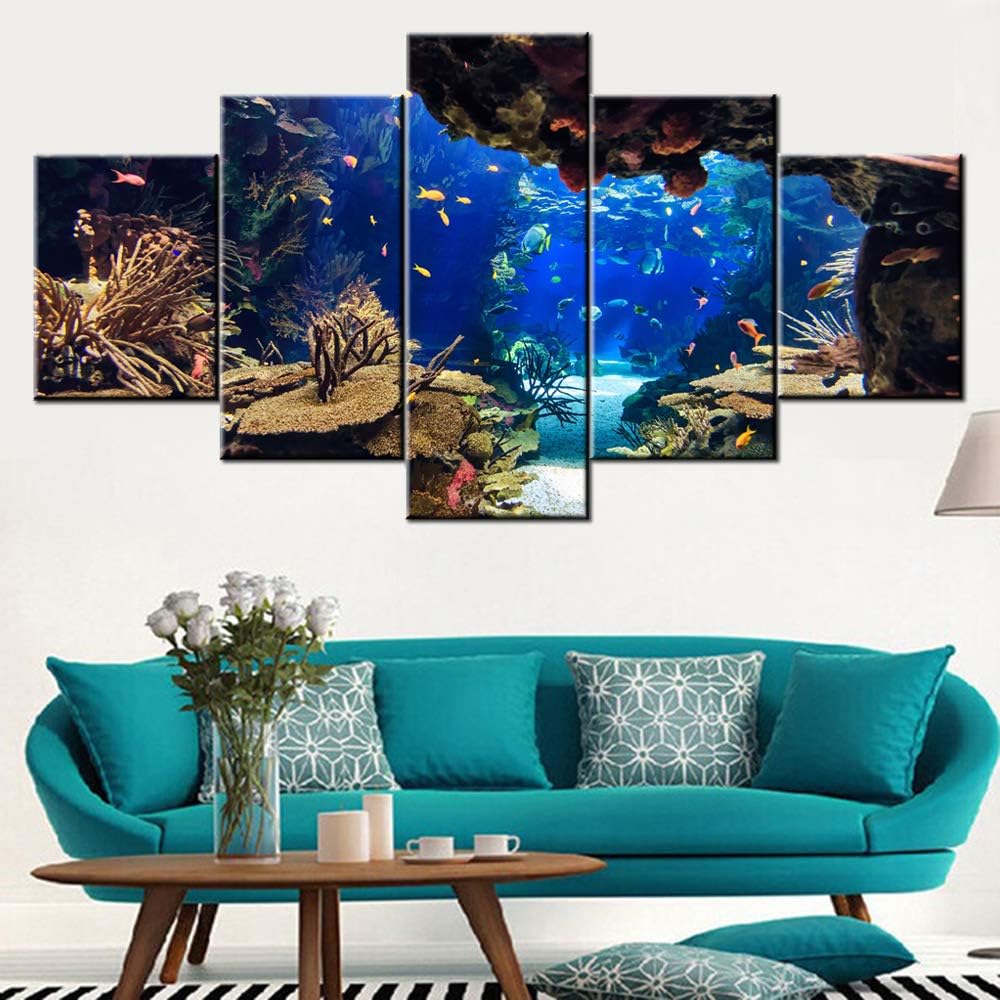 Coral Reef and Fish Paintings Underwater World Wall Art Undersea Pictures Home Decorations for Living RoomAquarium Artwork Gallery-Wrapped 5 Panel Prints on Canvas Framed Ready to Hang(60''W x 32''H)