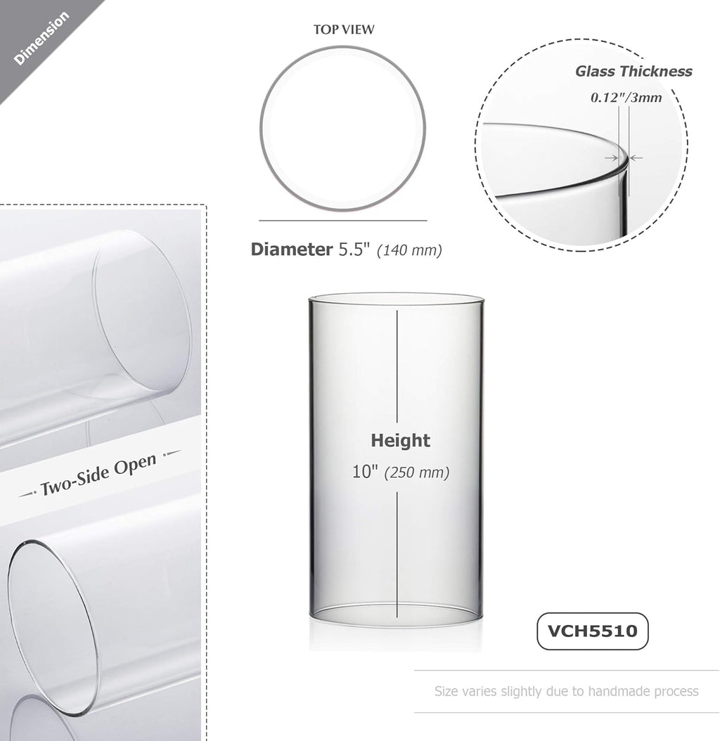 WGVI Hurricane Candle Holder Sleeve, Wide 5.5", Height 10", Clear Glass Cylinder Candleholder, Chimney Tube, Open Ended Candle Shade, 6 Pieces Bulk
