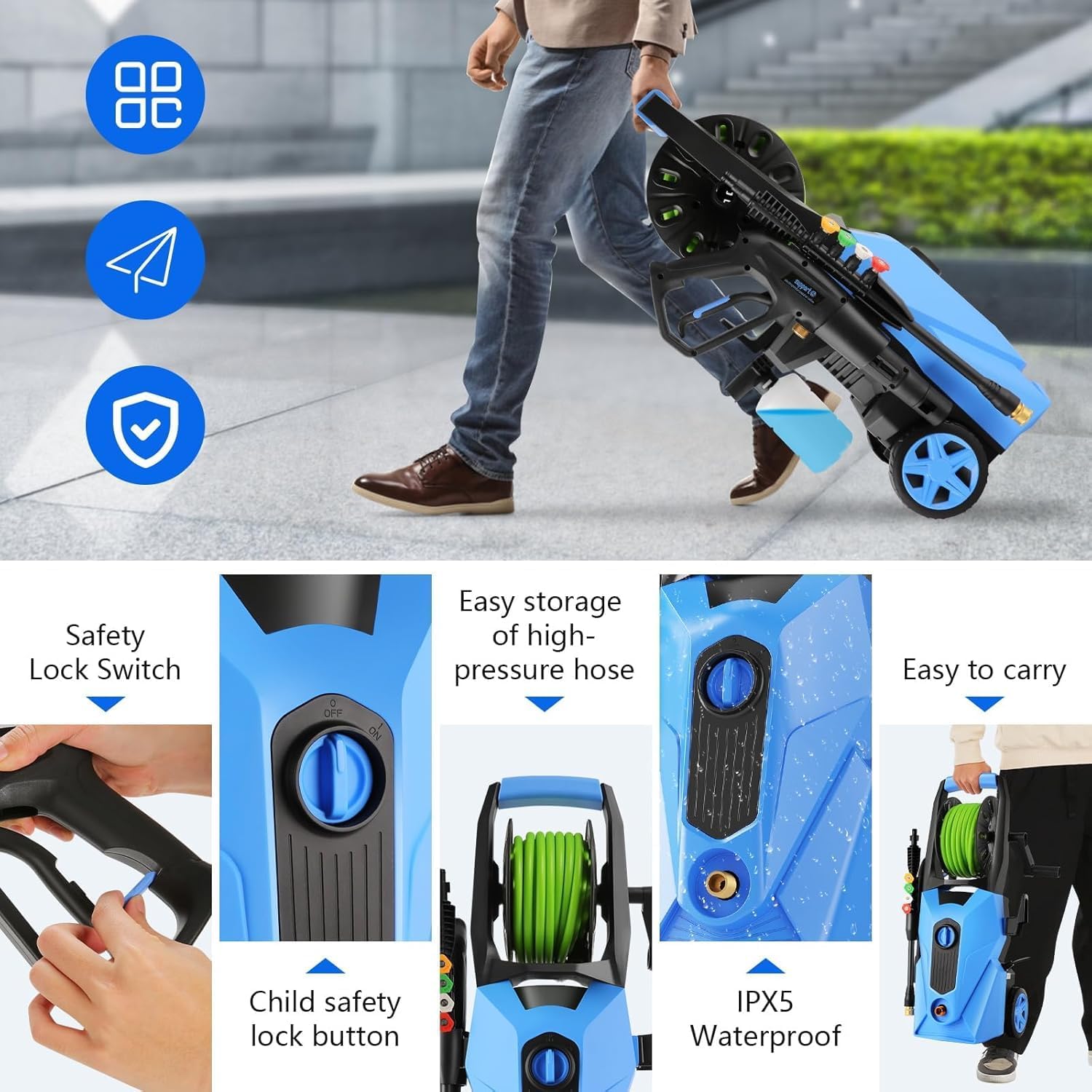 Pressure Cleaner 5000 PSI,2.8 GPM Power Cleaner with Foam Cannon,Portable Cleaner with 33ft Hose Reel,4 Nozzle Tips,and Soap Bottle for Cars/Home/Driveways/Patios/Decks/Fences(Blue)