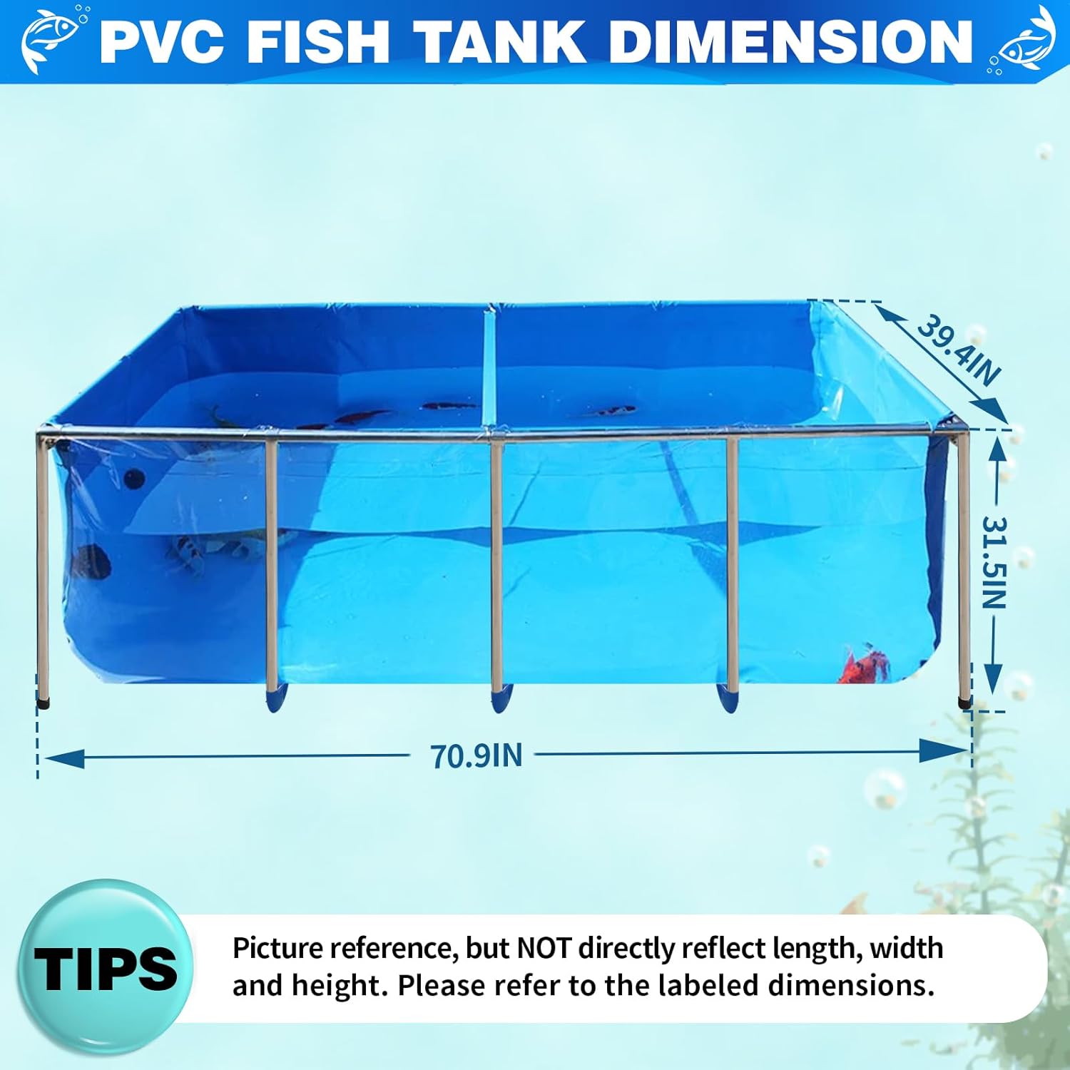 PVC KOI Aquarium Tank, Temporary Fish Tank with Clear Viewing Panel, KOI/Goldfish Pond with 304SS Frame & Drain Valve(70.9" L*39.4" W*31.5" H, About 345Gal Water Capacity)