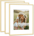 RICHFOCUS Aluminum Picture Frame - 16x20 Gold Metal Frame with Mat for 11x14 Photo, Floating Frame with Tempered Glass - Poster Frame Wall Hook Included for Gallery Wall, Set of 3