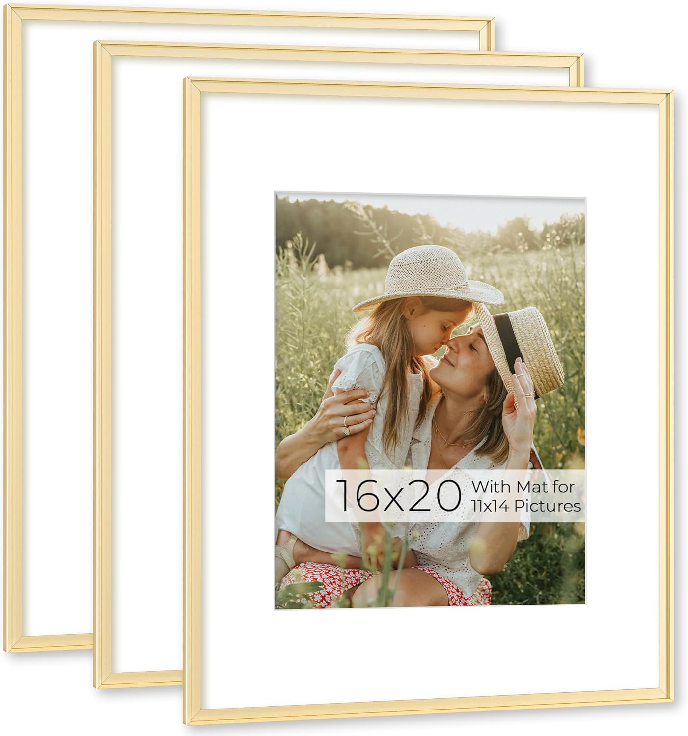 RICHFOCUS Aluminum Picture Frame - 16x20 Gold Metal Frame with Mat for 11x14 Photo, Floating Frame with Tempered Glass - Poster Frame Wall Hook Included for Gallery Wall, Set of 3