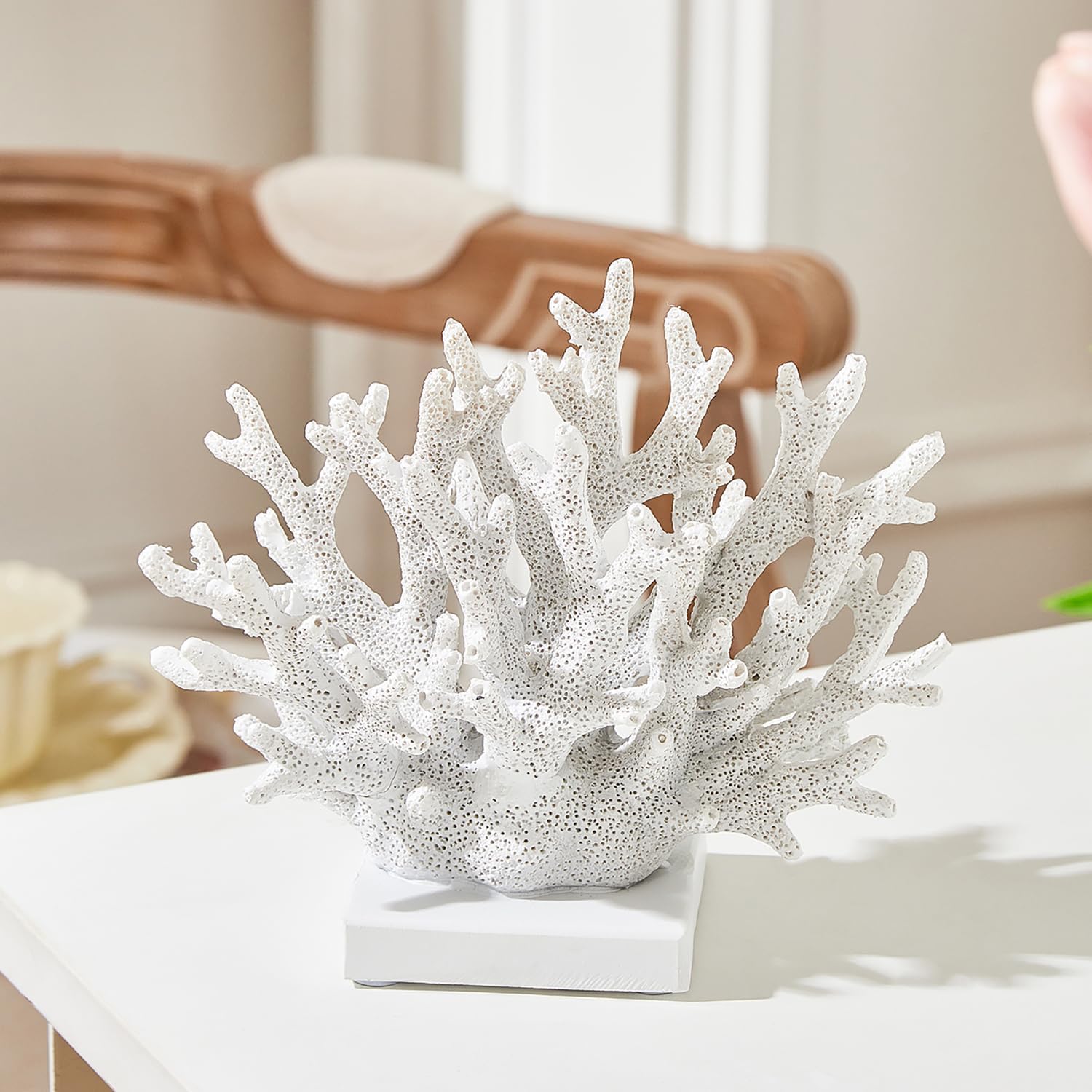 Artificial White Coral Décor, Nautical Coral Reef Decorations for Home, Marine Style Decoration, Ocean Themed Cabinet Shelf Tabletop Decor (White)
