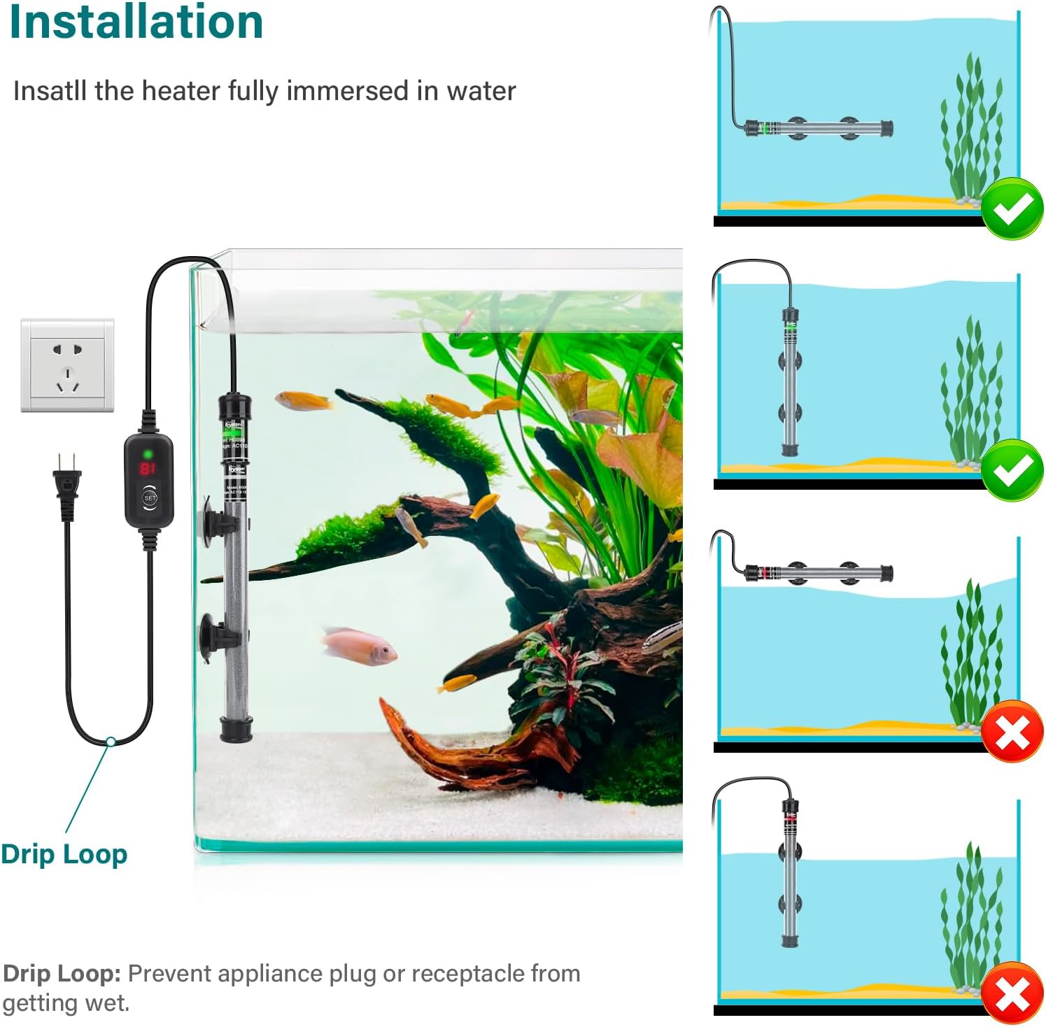 hygger Submersible Aquarium Heater, 100W 150W 200W 300W Adjustable Fish Tahk Heater with Temperature Controller, LED Display, Small Aquarium Betta Heater for up to 20/26/40/48 Gallons