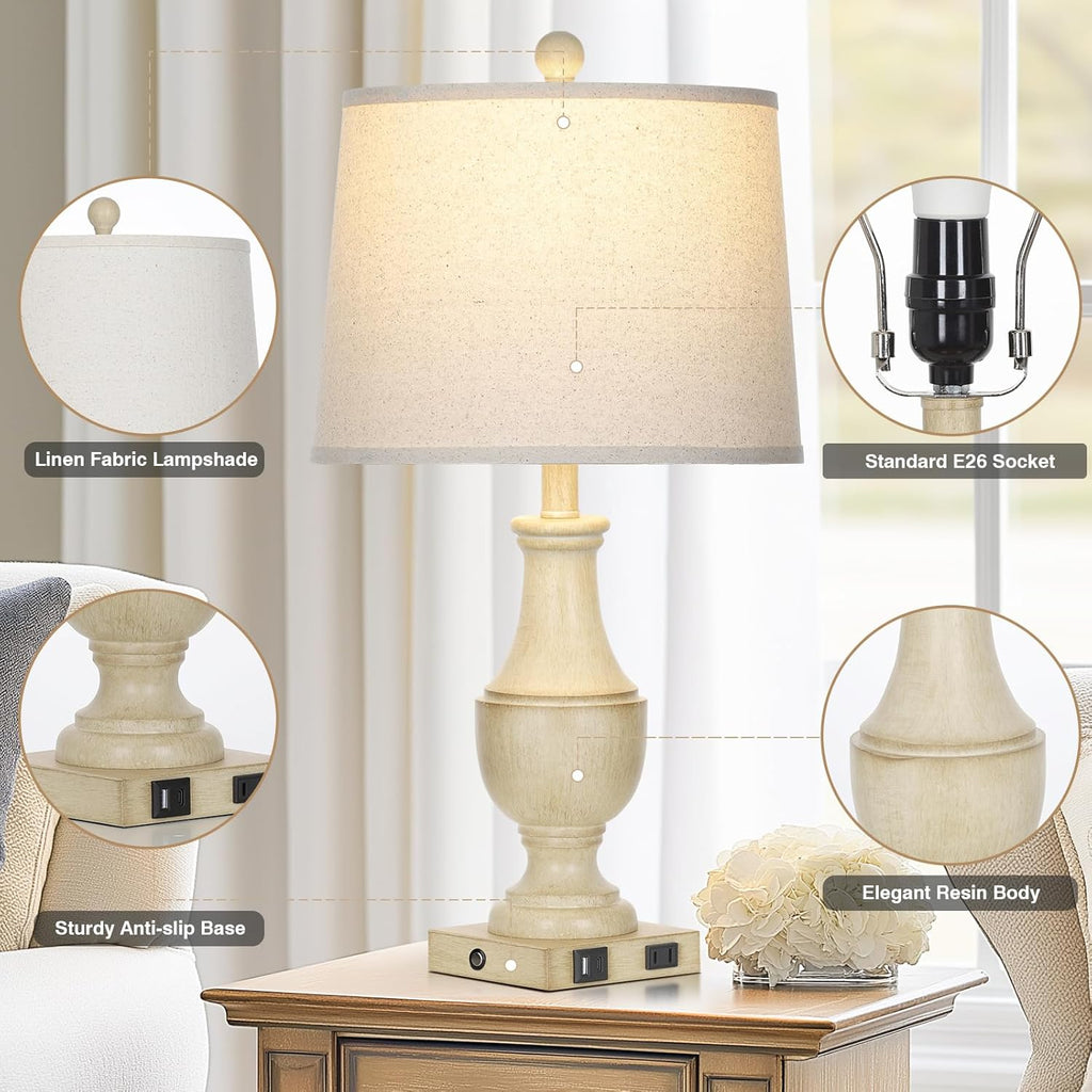 Farmhouse Lamps Set of 2, Vintage Rustic 3-Way Dimmable Touch Control Table Lamp with USB A+C Charging Ports & AC Outlet, Retro Resin Bedside Lamp Linen Shade for Bedroom Office Antique White