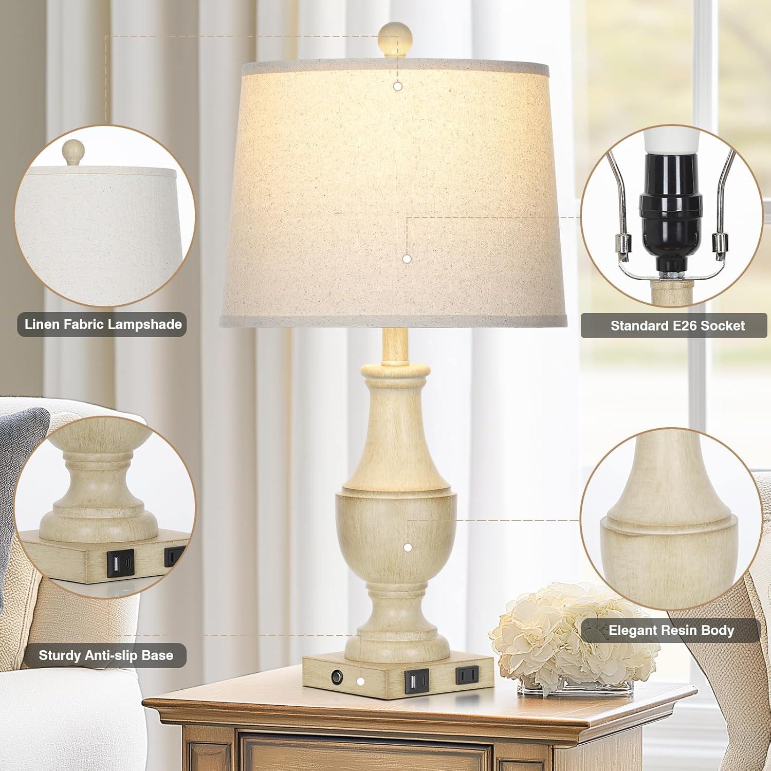 Farmhouse Lamps Set of 2, Vintage Rustic 3-Way Dimmable Touch Control Table Lamp with USB A+C Charging Ports & AC Outlet, Retro Resin Bedside Lamp Linen Shade for Bedroom Office Antique White